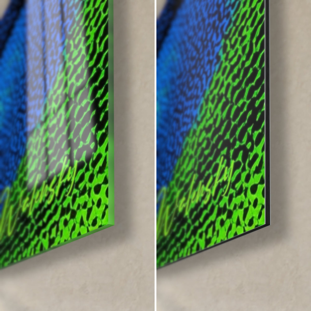 Tableau visage vert et bleu, coin bas droit : verre acrylique brillant à gauche, Dibond noir mat à droite, signature vert fluo, tranche de 3 mm