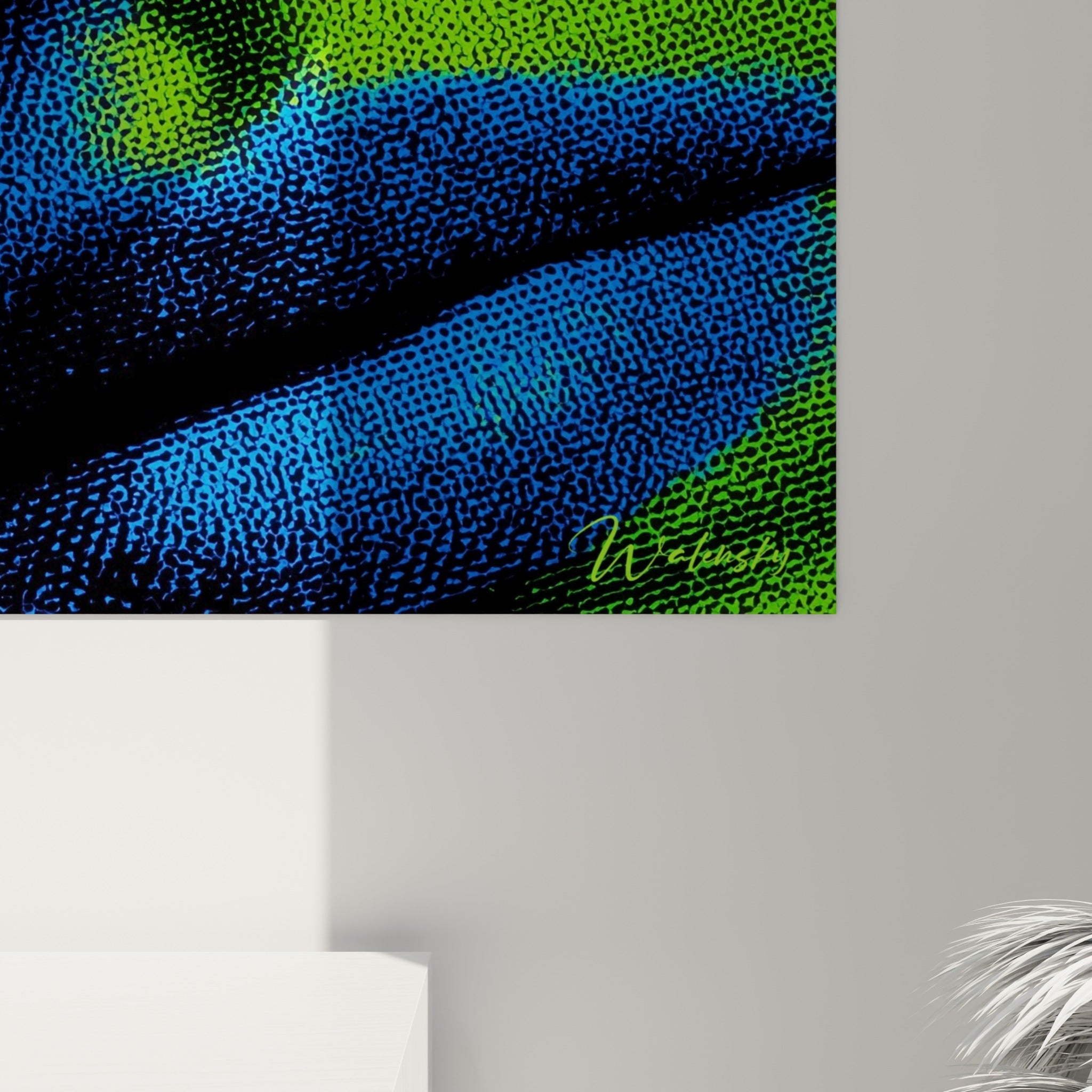 Trame de points verts et bleus visible en gros plan, texture granuleuse du tableau cyberpunk
