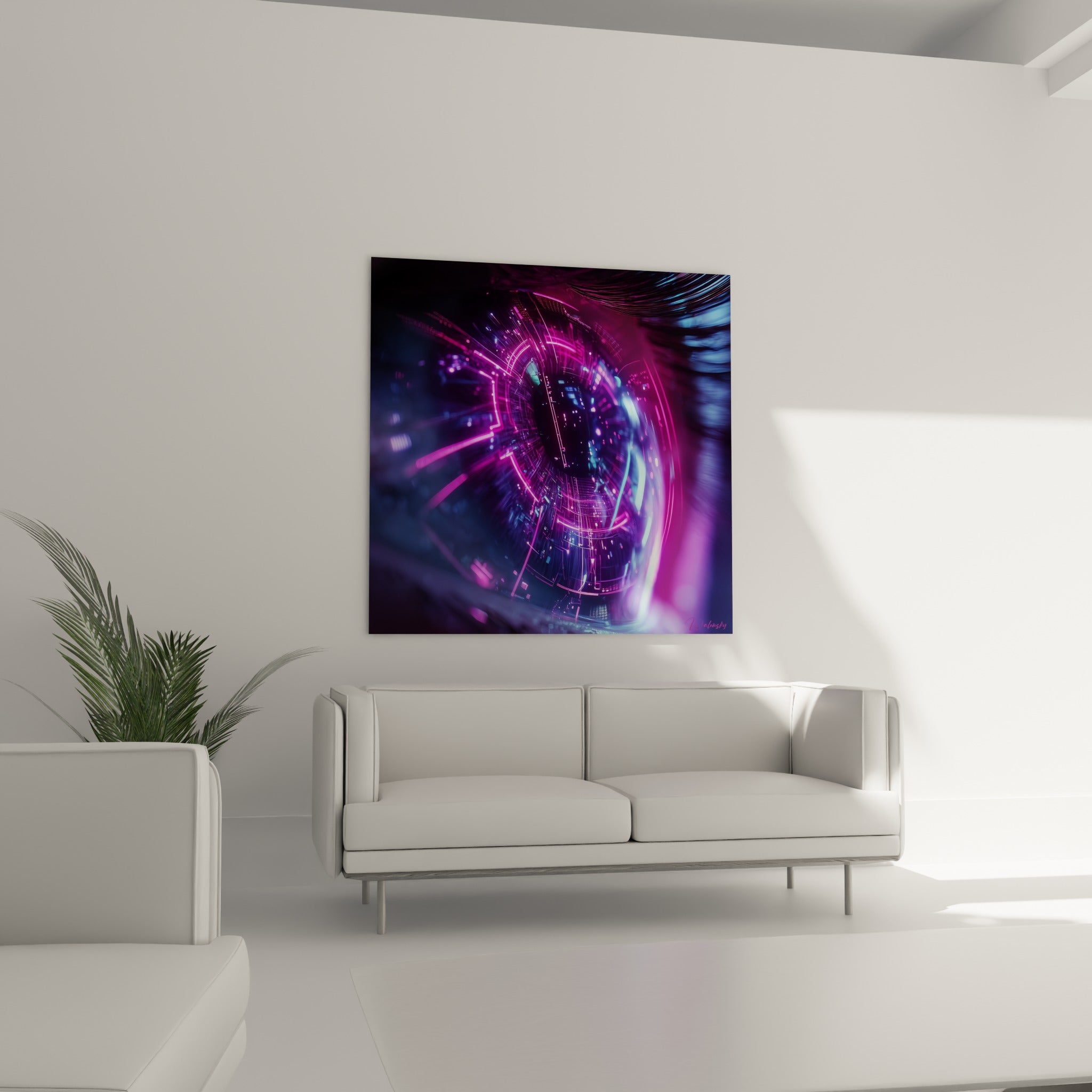 Tunnel de données violet et anthracite cyberpunk au-dessus d'un canapé dans un salon lumineux