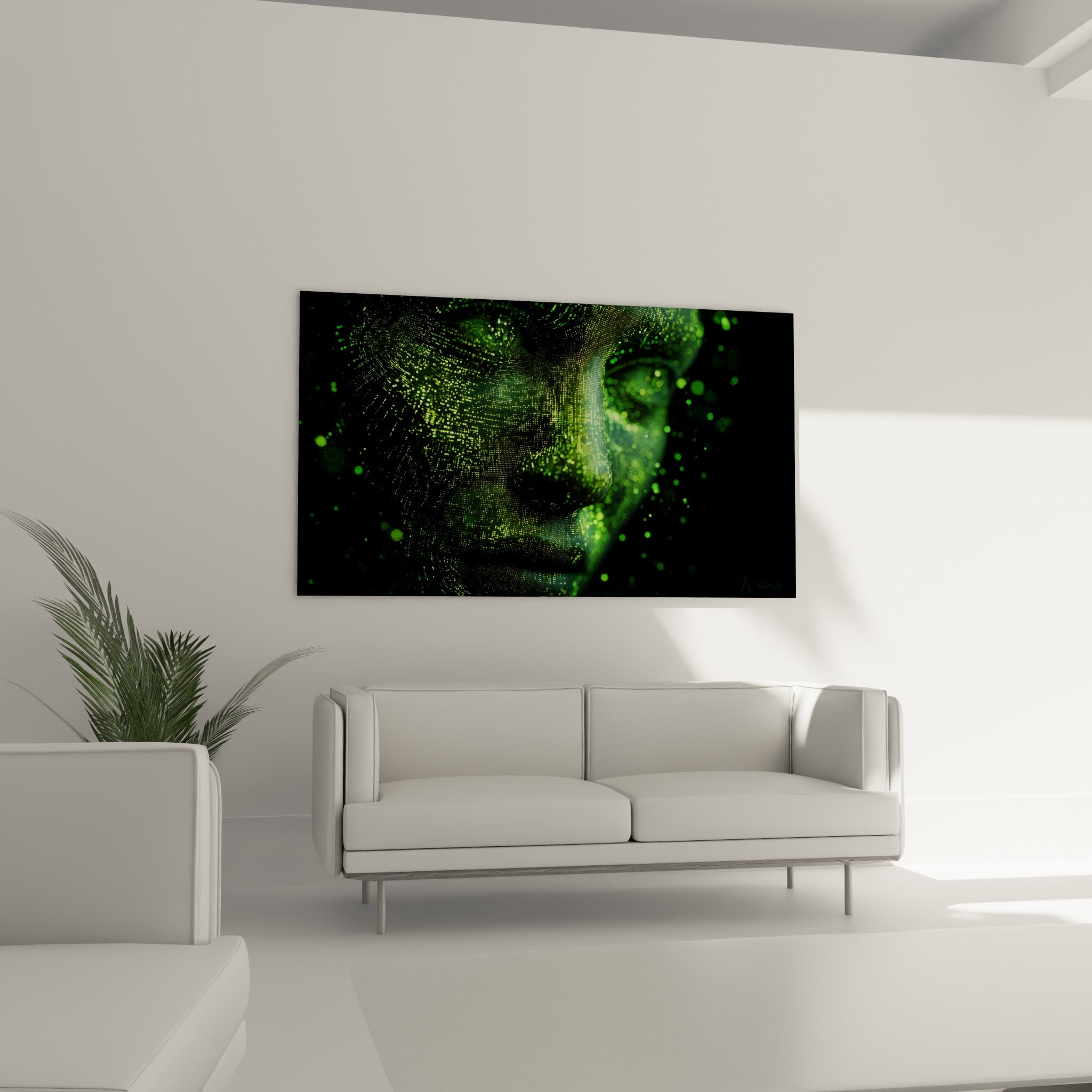 Visage lumineux vert et anthracite, tableau Cyberpunk au-dessus d'un canapé dans un salon lumineux
