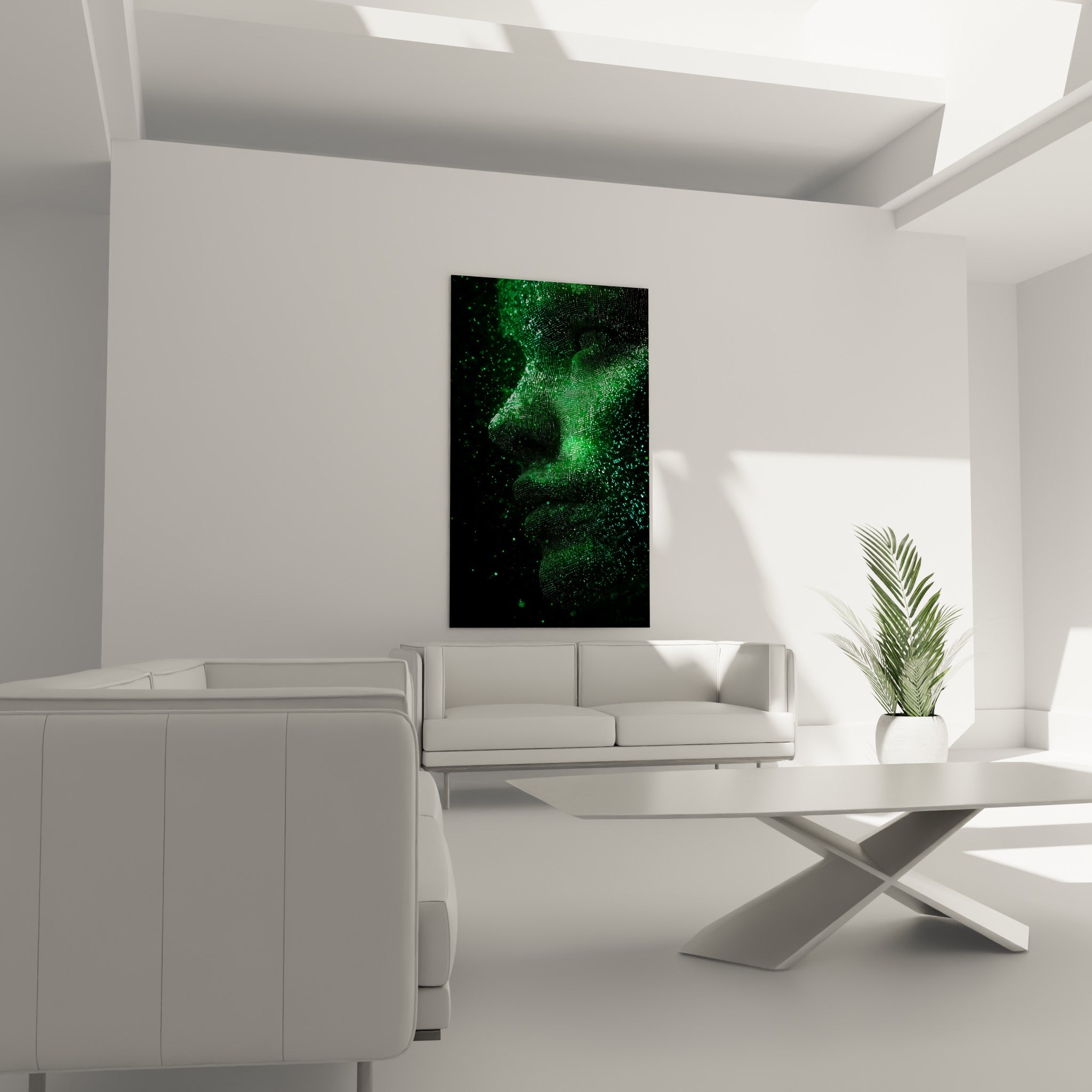 Silhouette Cyberpunk vert vif et anthracite, disposée au-dessus d'un canapé dans un salon lumineux