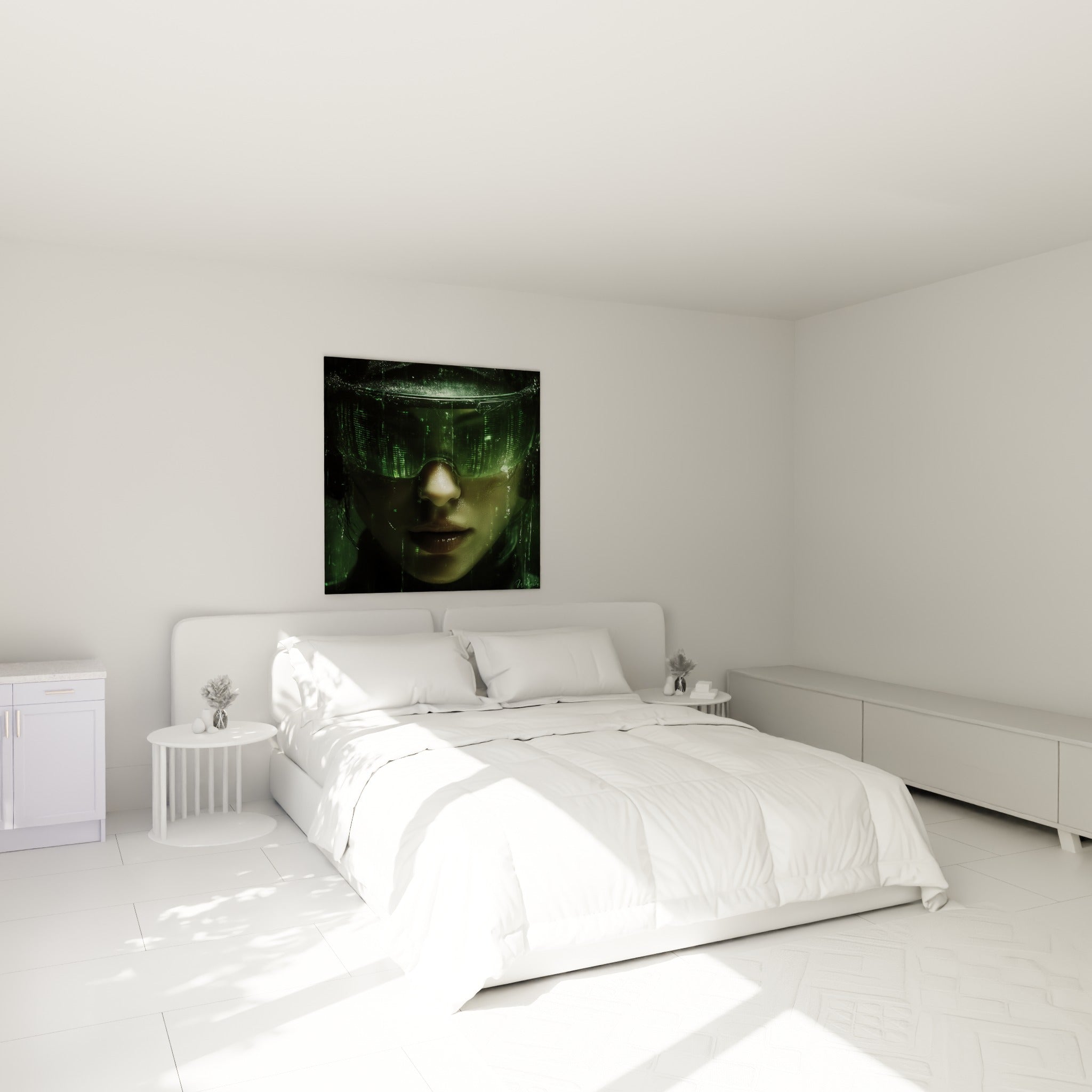 Portrait Cyberpunk vert émeraude et anthracite au-dessus d'un lit dans une chambre claire