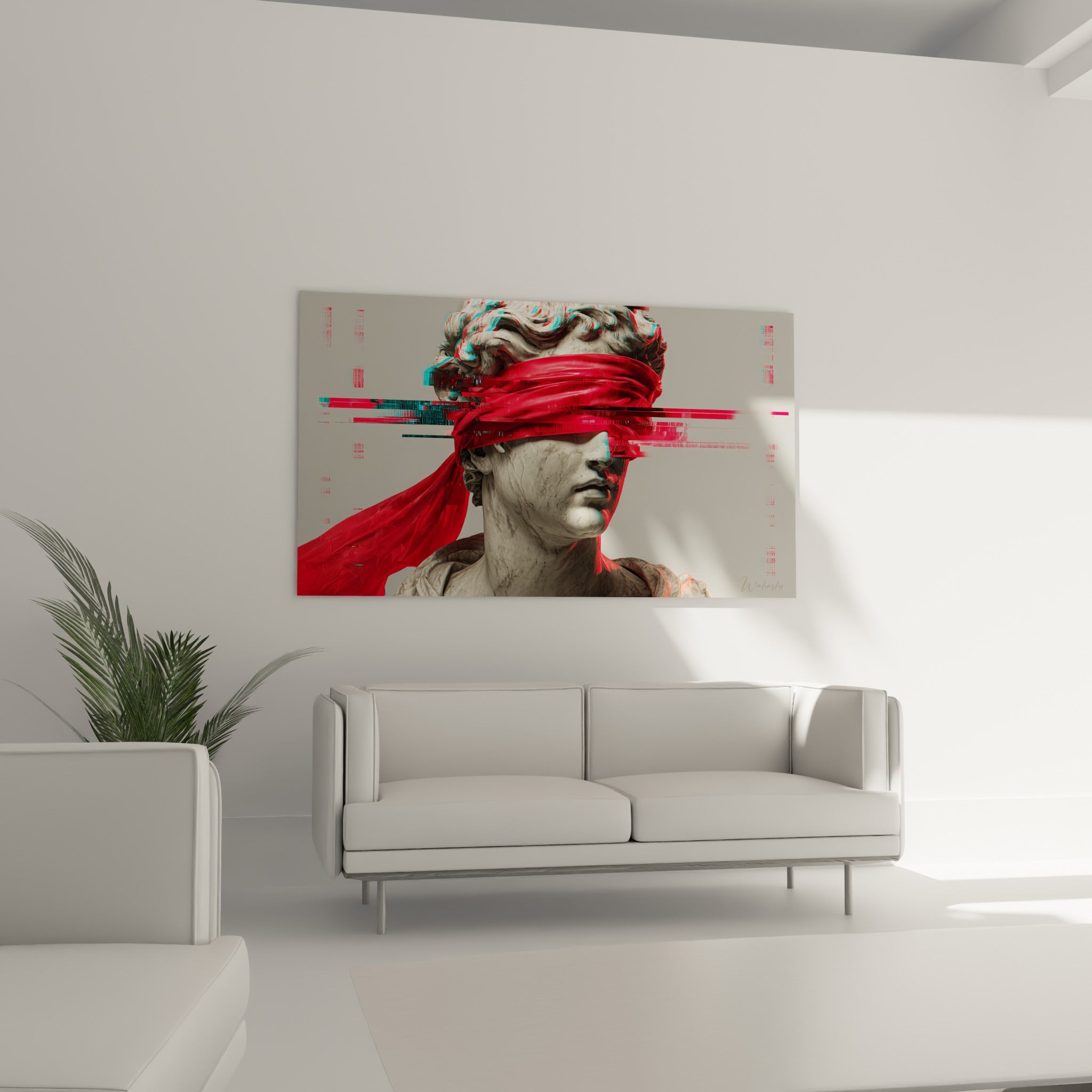 Visage voilé de rouge et fragmenté de bandes numériques accroché au-dessus d'un canapé dans un salon lumineux