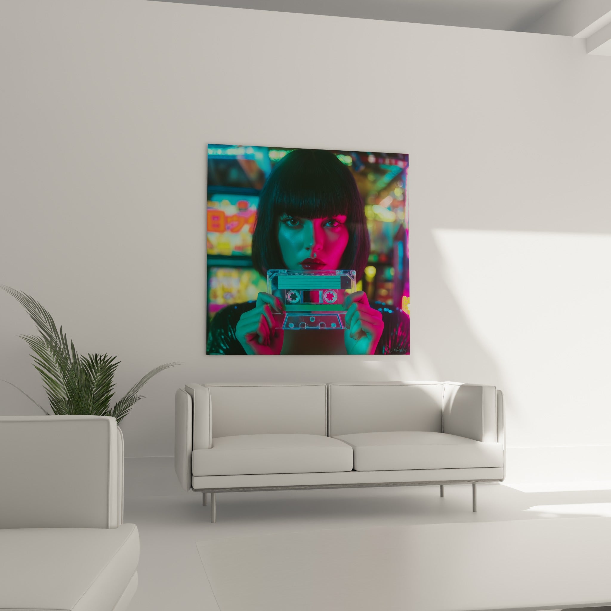 Visage bicolore rose fuchsia et turquoise tenant une cassette vintage, au-dessus d'un canapé dans un salon lumineux