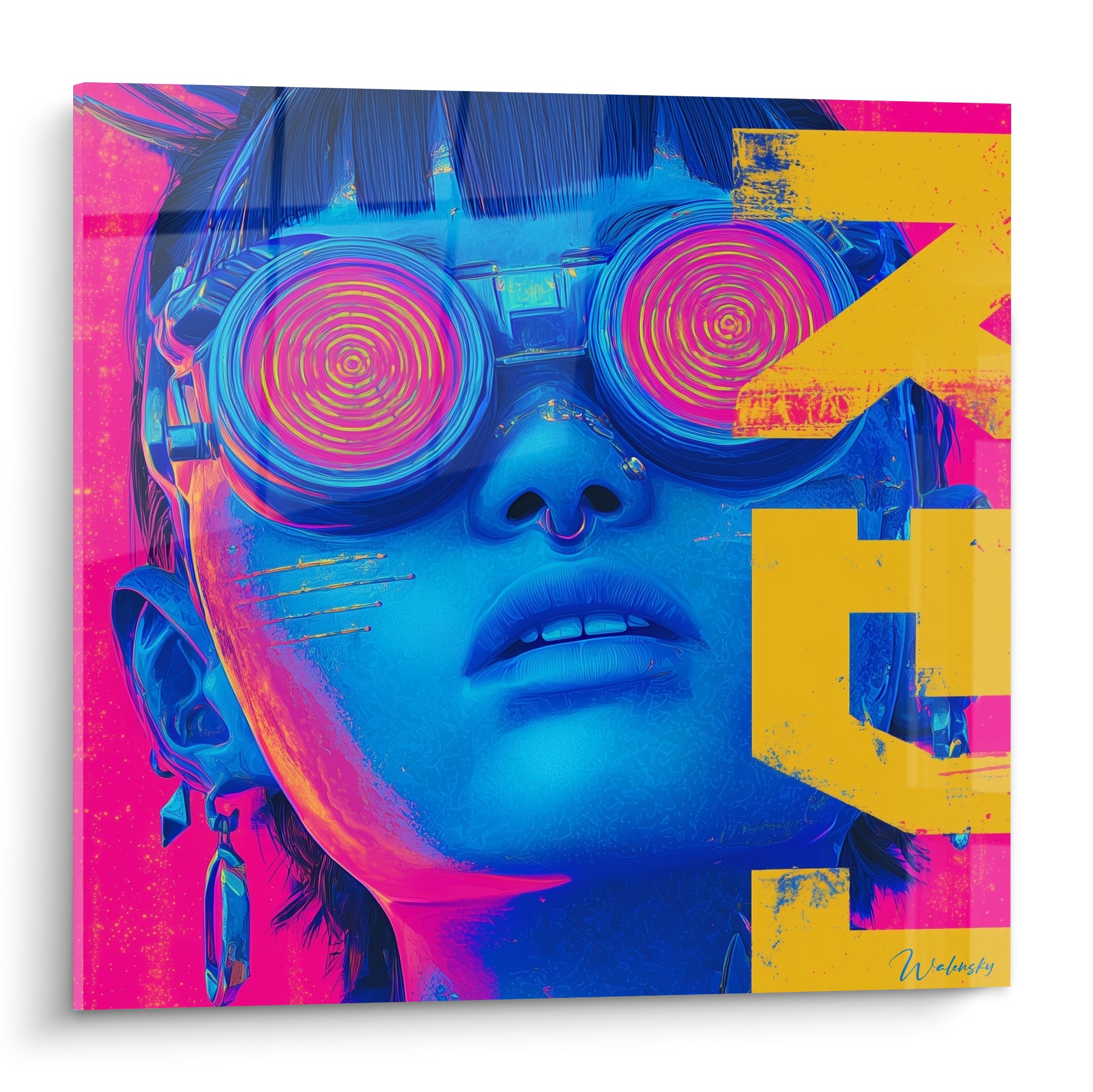 Visage bleu électrique aux lunettes hypnotiques roses et jaunes, portrait Cyberpunk saturé