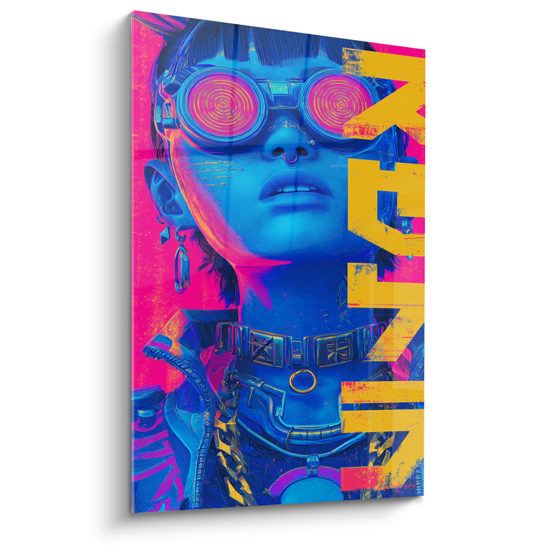 Tableau Visage bleu et rose au collier clouté - Lettrage jaune vertical - Edition Cyberpunk