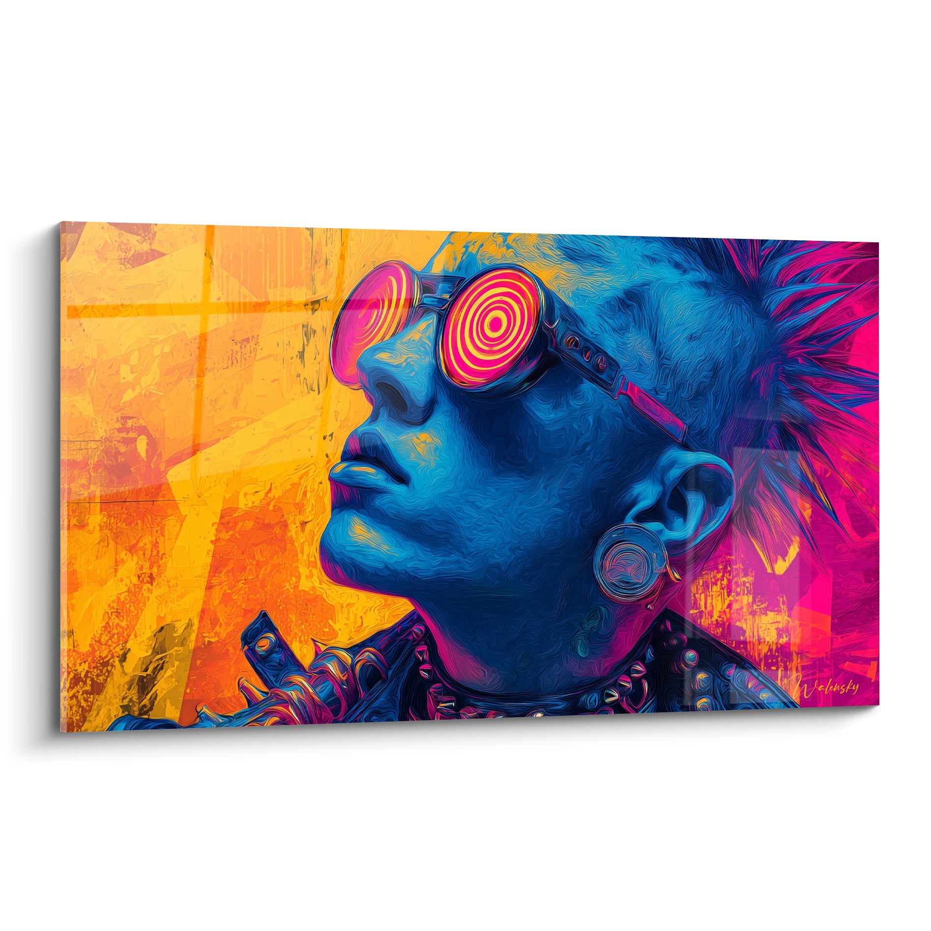 Visage bleu Cyberpunk aux lunettes spirales roses sur fond orange et fuchsia saturé