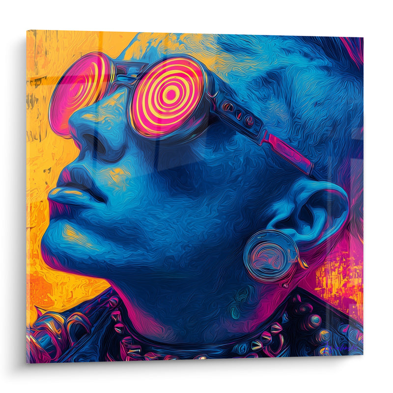 Tableau Visage bleu et jaune aux lunettes spirales - Transe hypnotique - Edition Cyberpunk