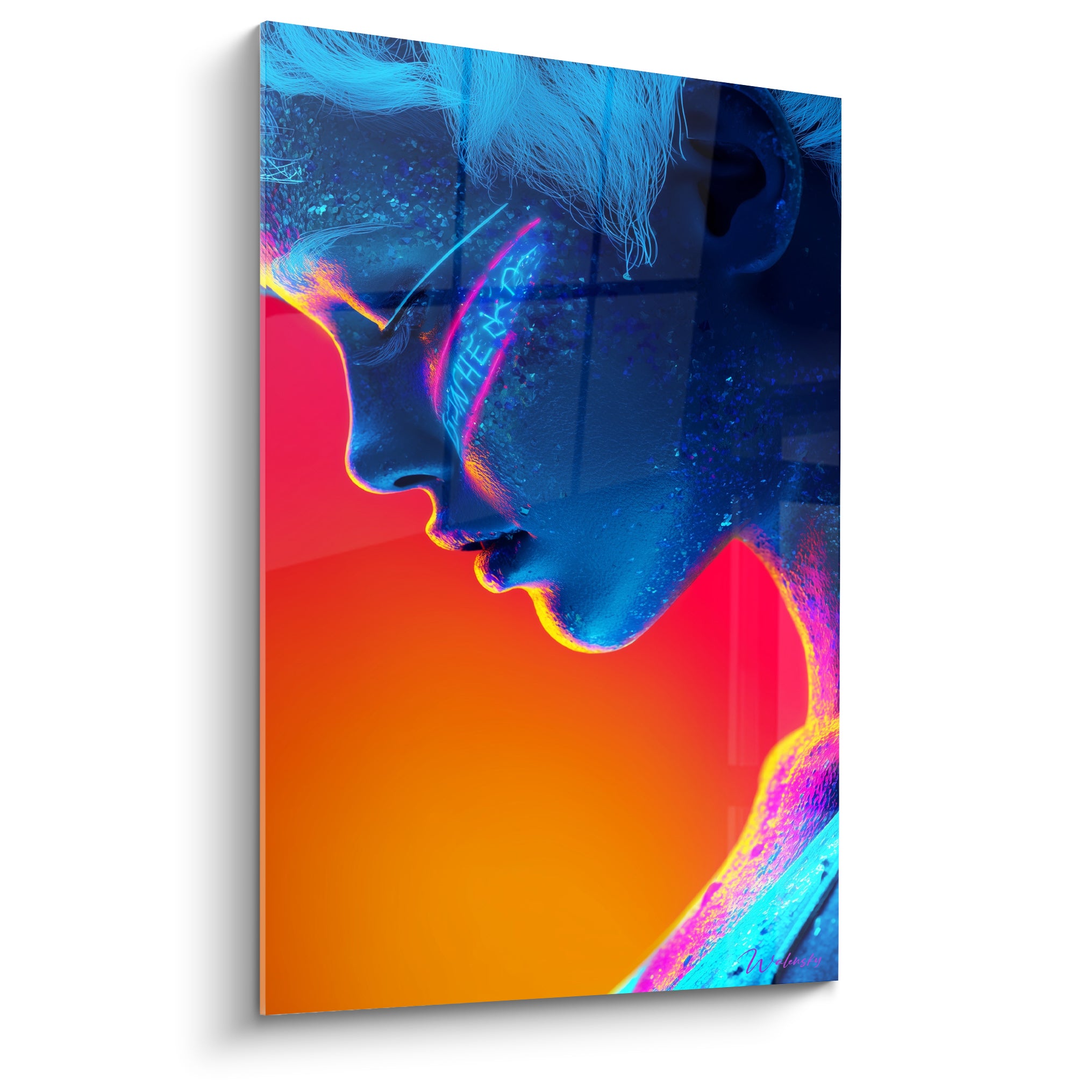Profil bleu électrique et orange incandescent, tableau Cyberpunk aux inscriptions lumineuses sur peau granuleuse