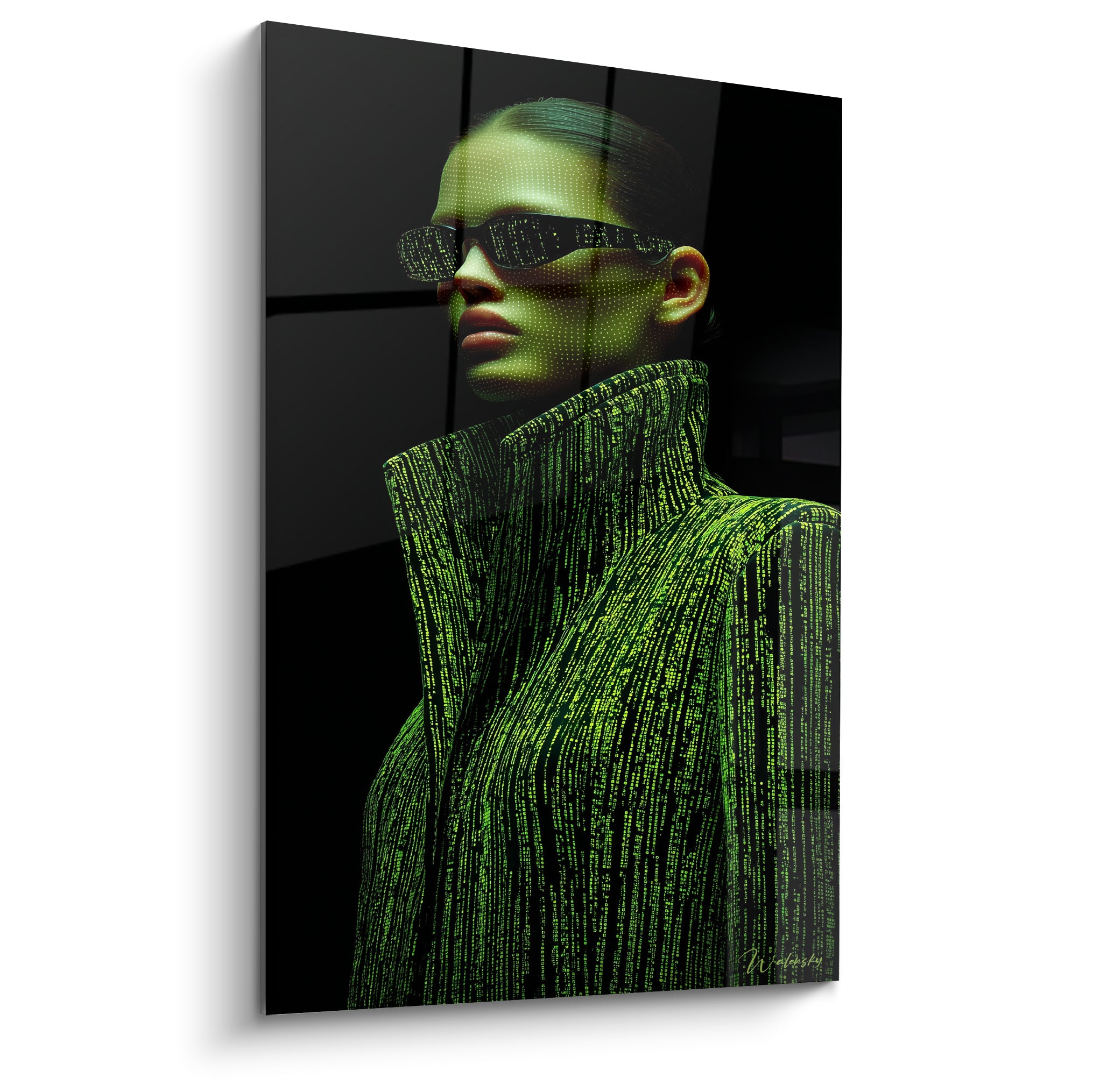 Visage projeté de code vert fluorescent sur fond noir, manteau strié anthracite et vert acide