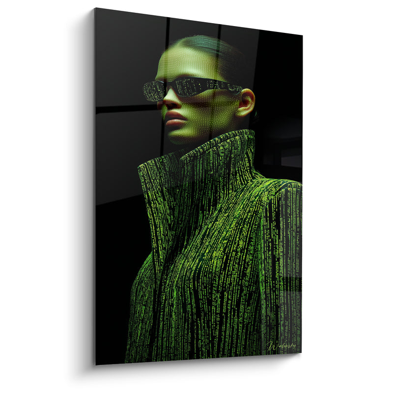 Tableau Manteau vert et noir aux pluies de code - Col montant strié - Edition Cyberpunk