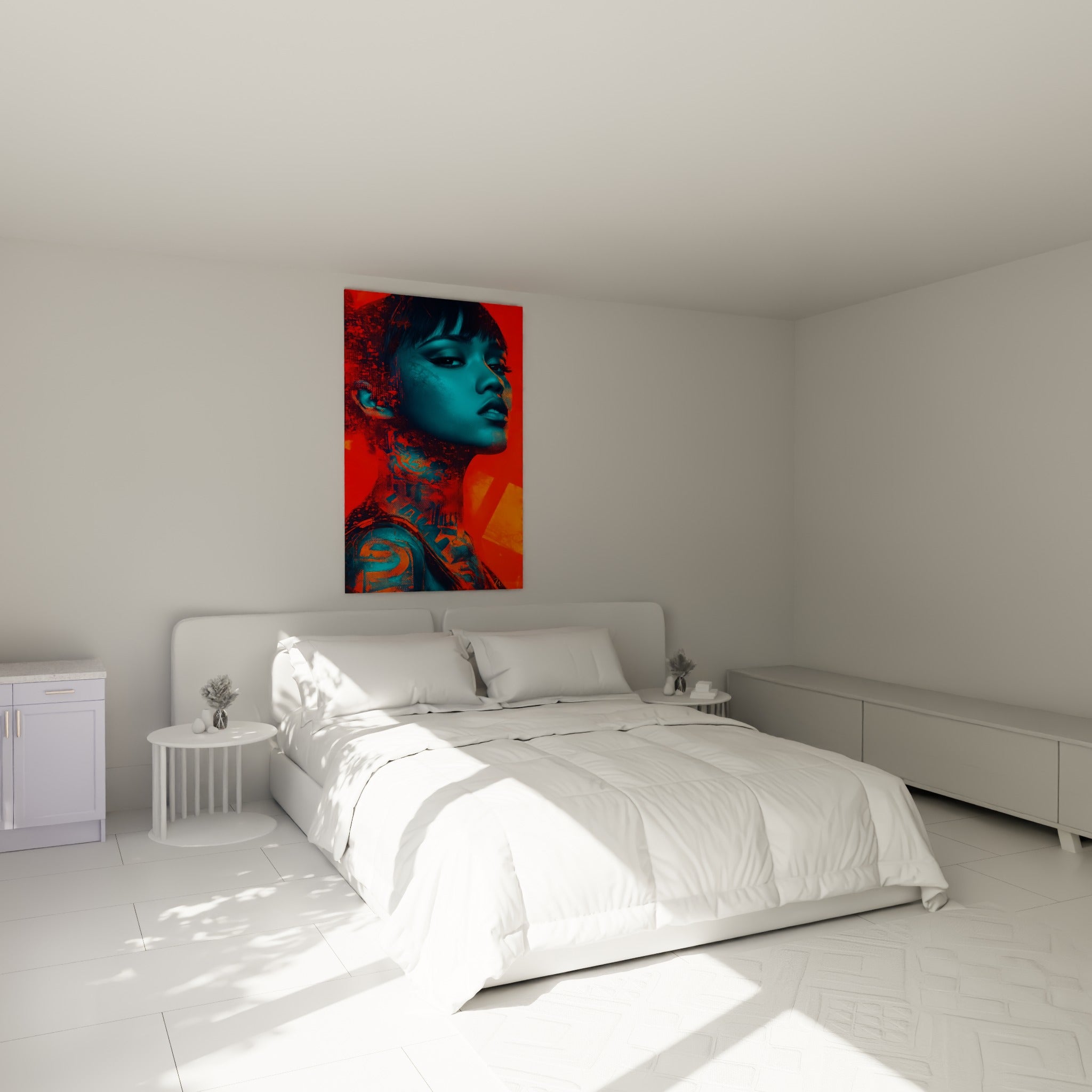 Portrait Cyberpunk rouge et turquoise d'une femme tatouée, au-dessus d'un lit dans une chambre claire
