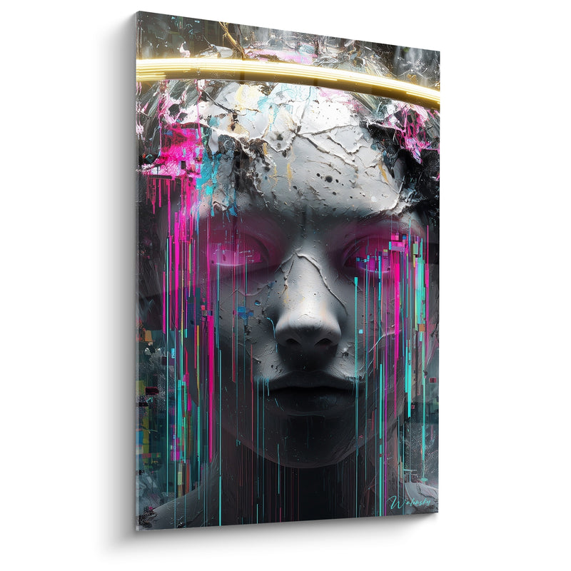 Tableau Visage sculptural aux coulures roses et turquoise - Fracture intérieure - Edition Cyberpunk
