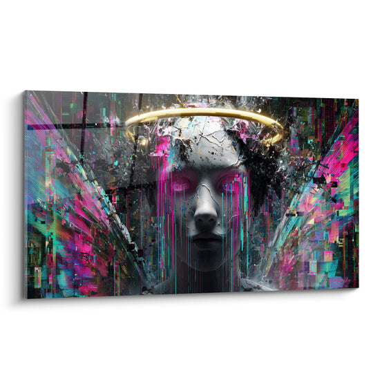 Visage fracturé anthracite et magenta orné d'une auréole dorée, style glitch numérique intense