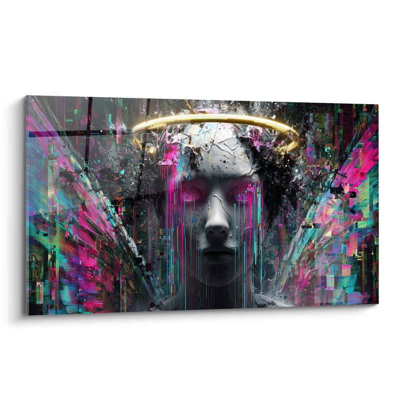 Tableau Visage fracturé à l'auréole dorée - Icône numérique brisée - Edition Cyberpunk