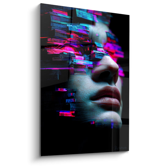 Visage fragmenté bleu turquoise et rose magenta, portrait numérique en clair-obscur