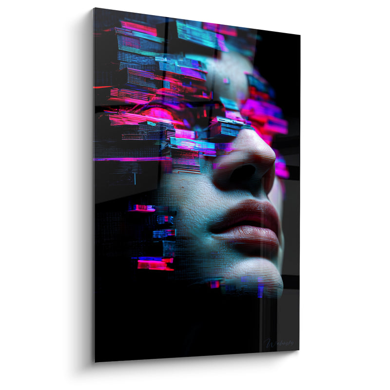 Tableau Visage sculpté aux fragments cyan et magenta - Lèvres bordeaux profil - Edition Cyberpunk