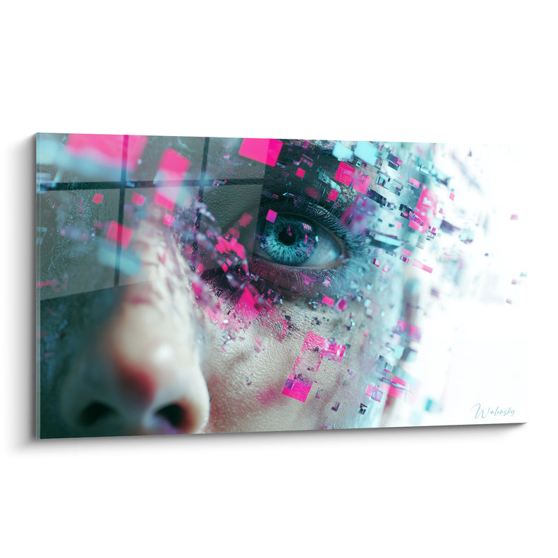 Tableau Visage rose et turquoise aux fragments cubiques - Œil clair perçant - Edition Cyberpunk