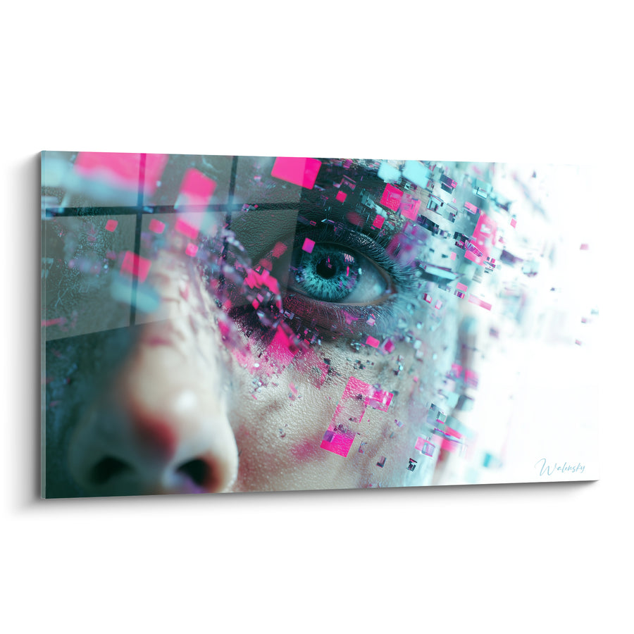 Pink and Turquoise Face Painting with Cubic Fragments - Piercing Clear Eye - Cyberpunk Edition