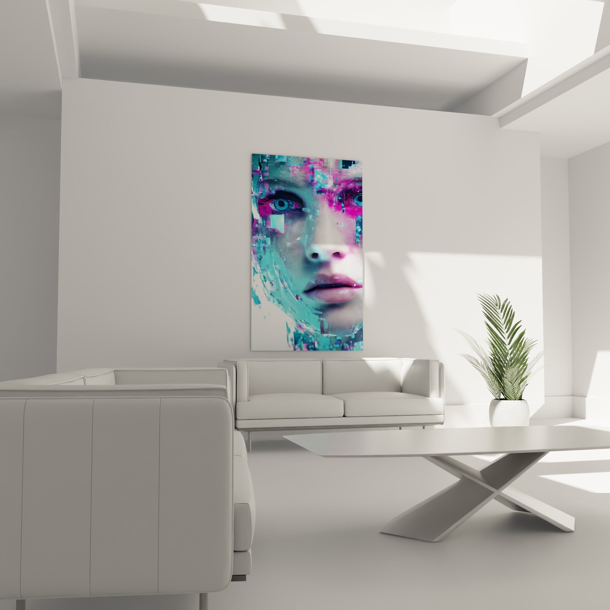 Œuvre Cyberpunk aux fragments magenta et turquoise sur un visage, au-dessus d'un canapé dans un salon lumineux