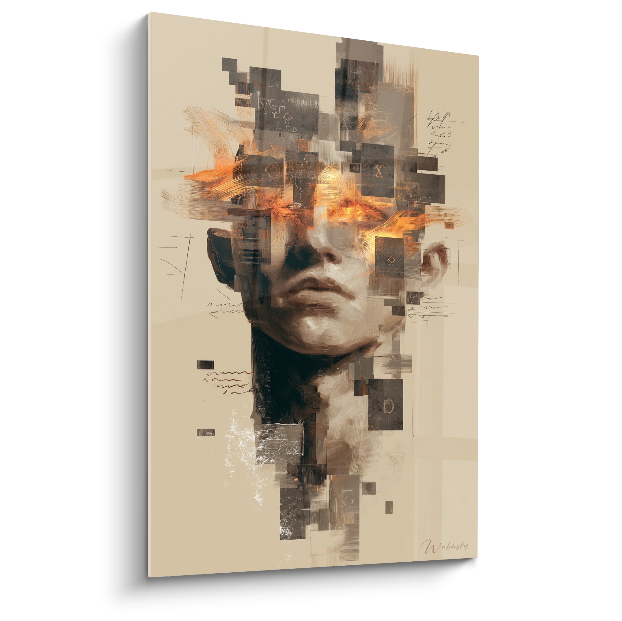 Visage fragmenté Cyberpunk aux yeux orange embrasés, crâne anthracite et fond beige sable
