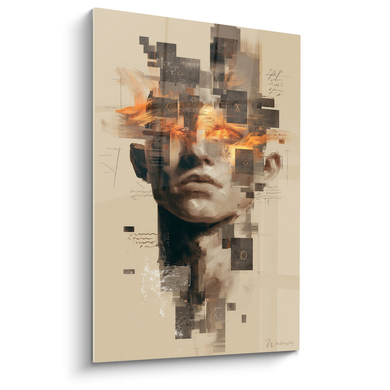 Tableau Visage gris et orange aux yeux enflammés - Fragments beiges symboles gravés - Edition Cyberpunk