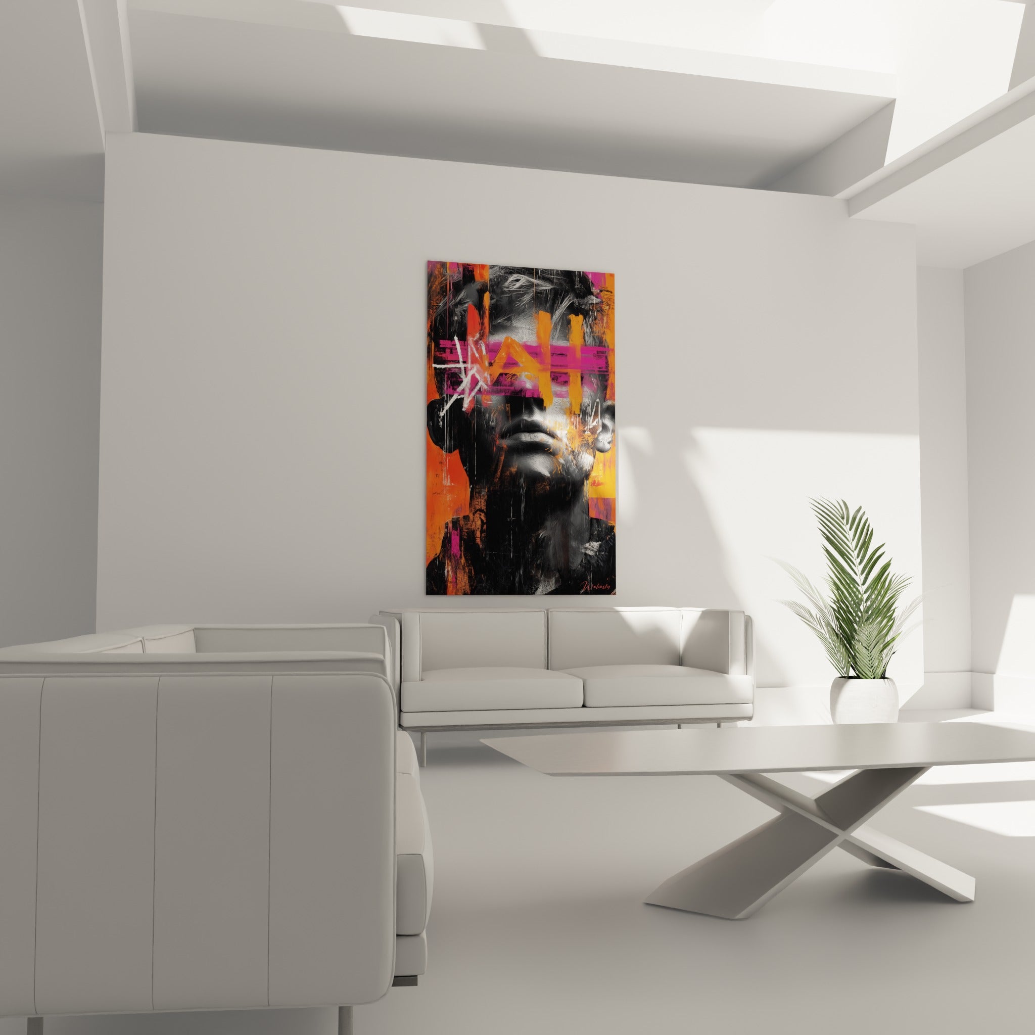 Visage graphite strié de fuchsia et orange vif accroché au-dessus d'un canapé dans un salon lumineux
