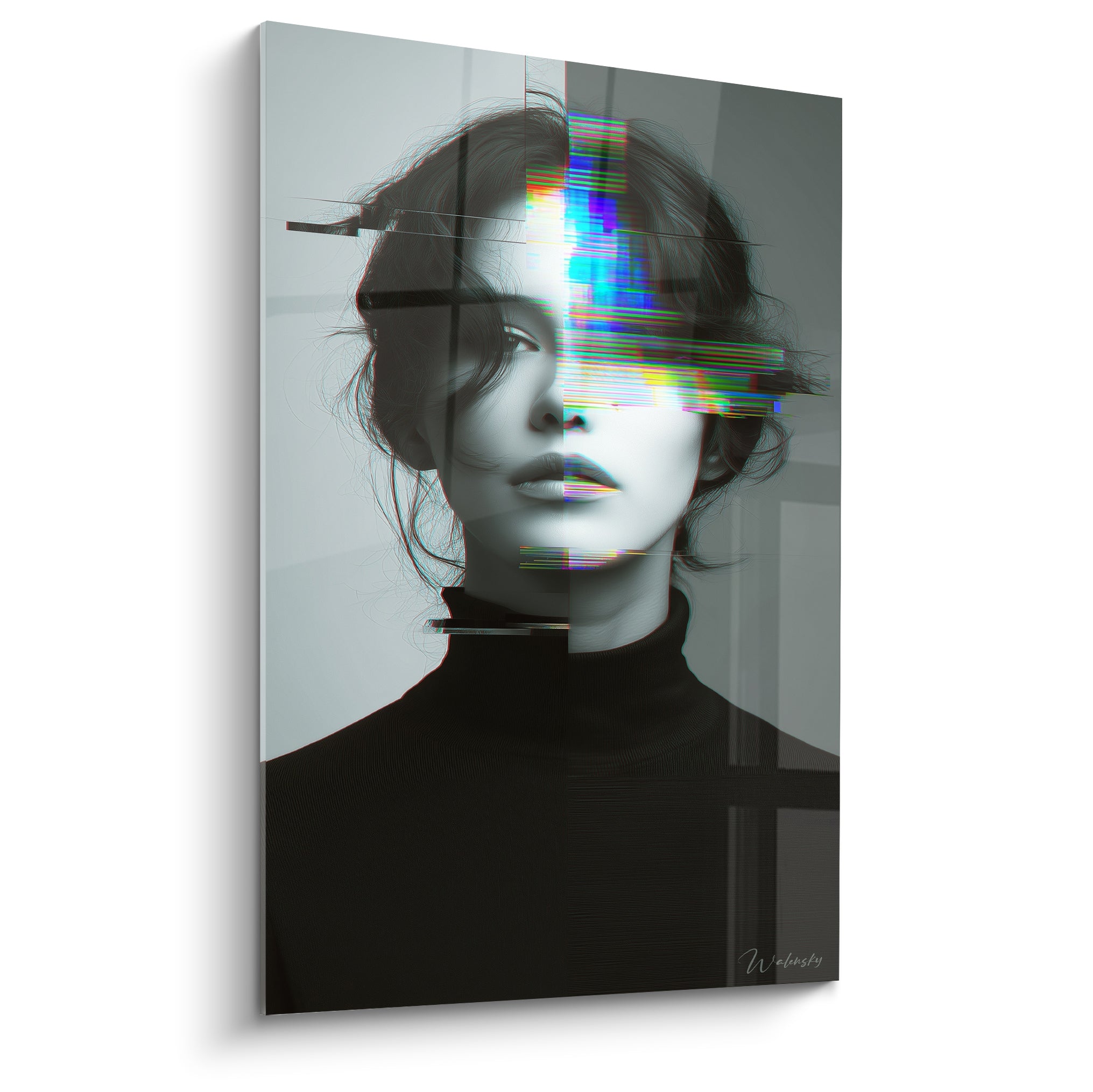 Visage féminin noir et blanc traversé de bandes bleu électrique et vertes, style Cyberpunk glitch