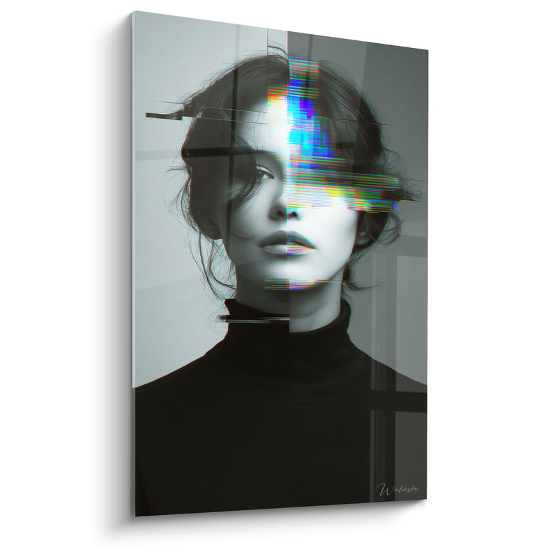 Tableau Visage gris et noir aux bandes multicolores glitchées - Col roulé noir - Edition Cyberpunk