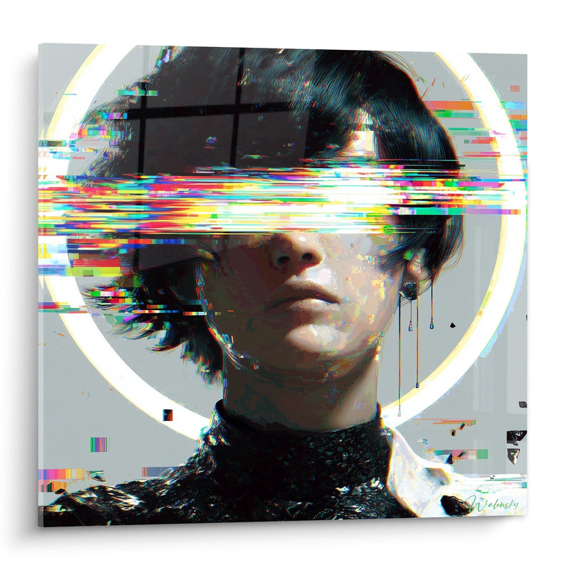 Tableau Visage blanc et noir au bandeau arc-en-ciel - Halo circulaire lumineux - Edition Cyberpunk