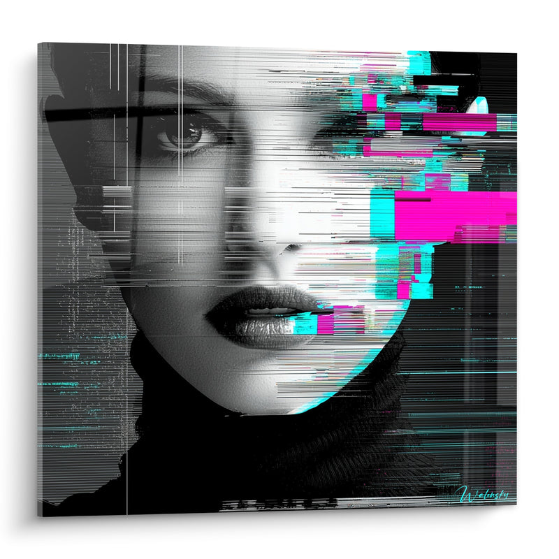 Tableau Visage numérique aux distorsions cyan et magenta - Signal en fuite - Edition Cyberpunk