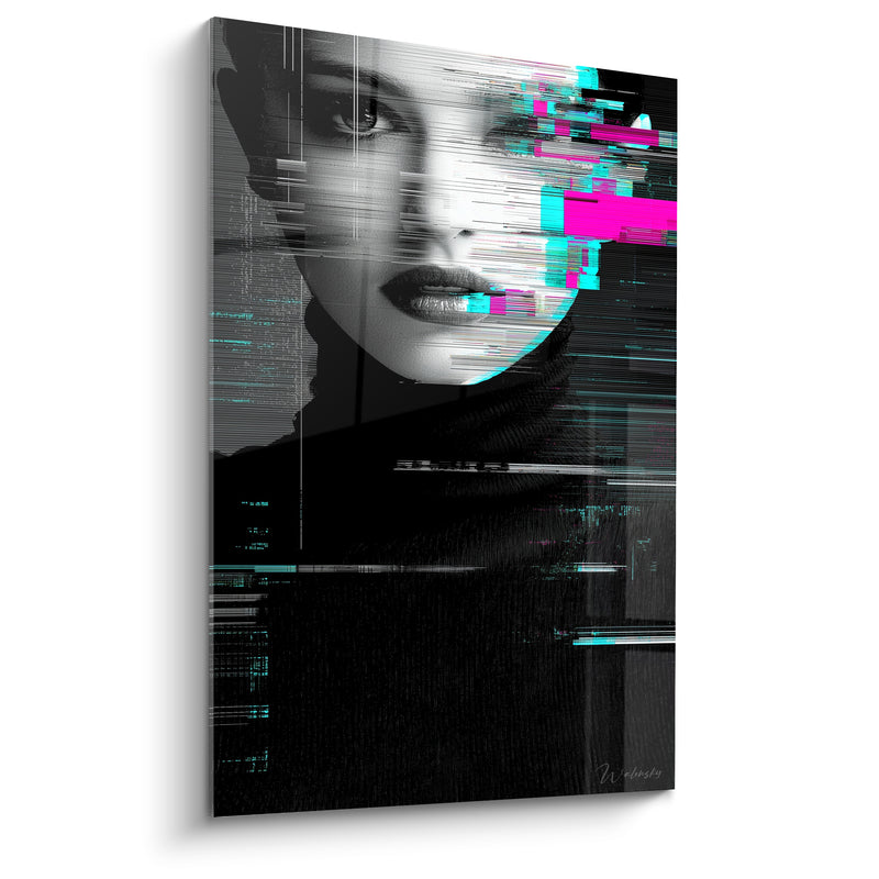 Tableau Visage numérique aux distorsions magenta et cyan - Interférence identitaire - Edition Cyberpunk