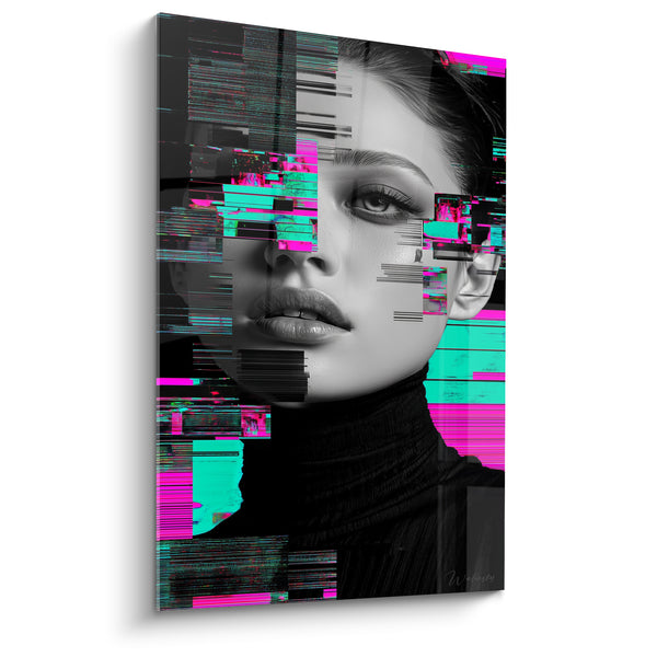 Cuadro Rostro femenino gris con fragmentos turquesa y magenta - Cuello alto negro tejido - Edición Cyberpunk