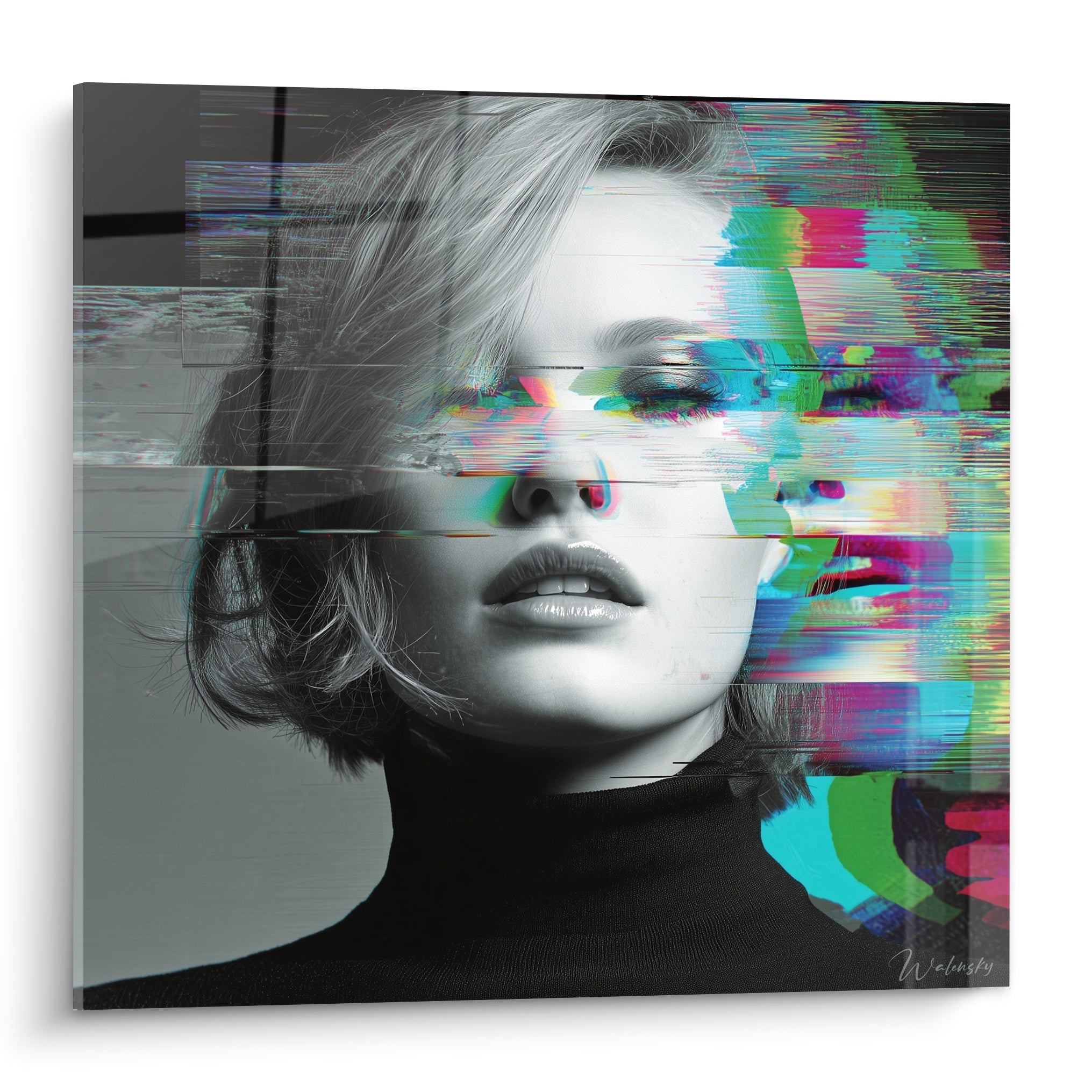 Visage fragmenté par un glitch turquoise et magenta, tableau Cyberpunk en noir et blanc contrasté