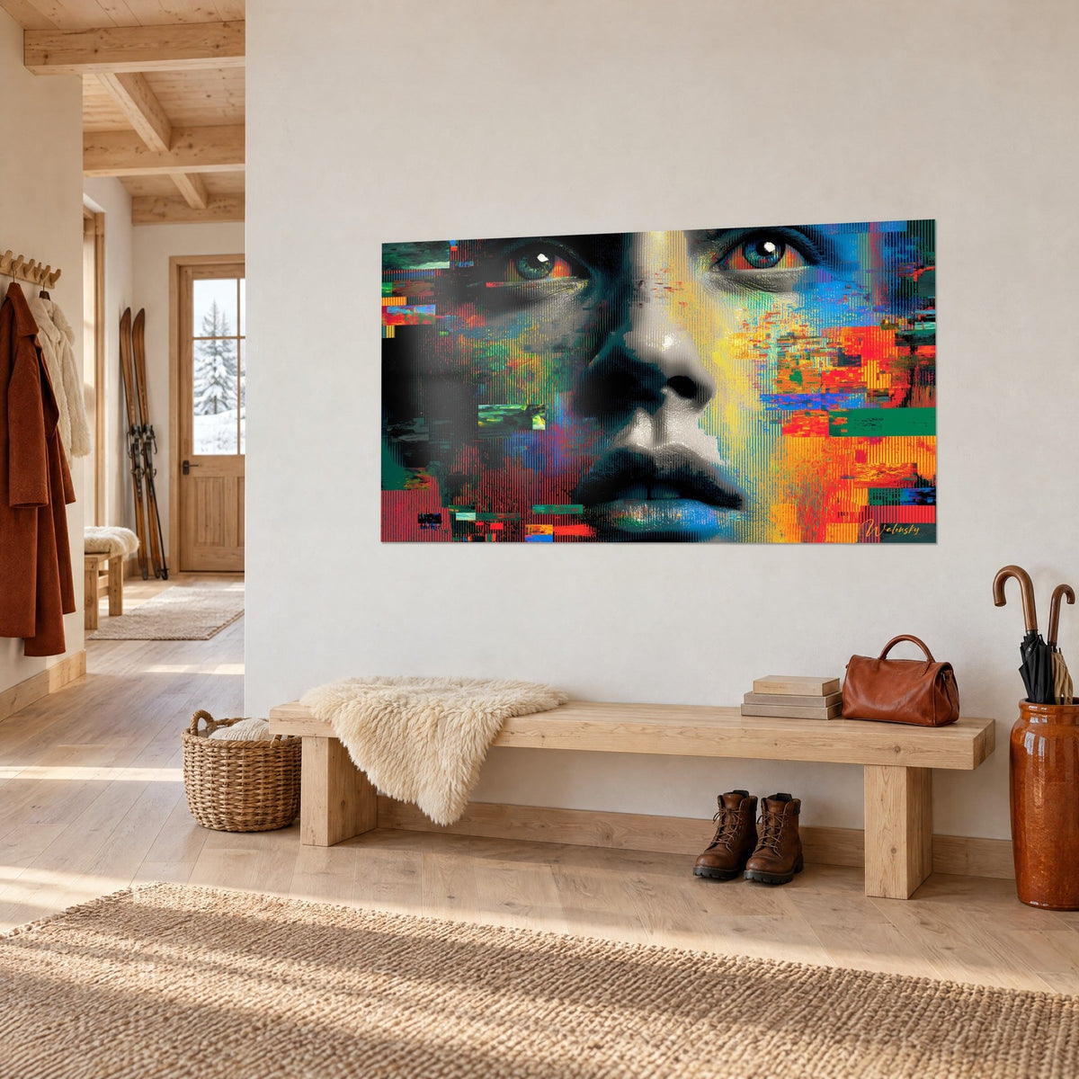 Tableau portrait numérique aux bandes rouges et bleues, regard fixe sur mur blanc, banc de bois et chaussures, entrée chalet
