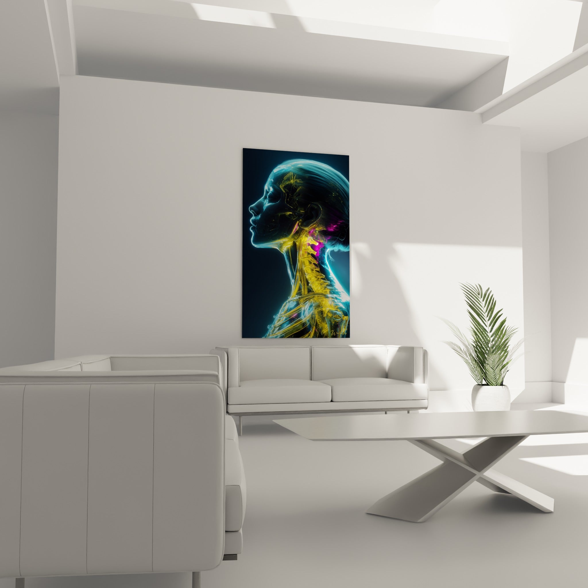 Profil Cyberpunk lumineux en bleu cyan et jaune doré, au-dessus d'un canapé dans un salon lumineux