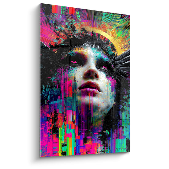 Visage Cyberpunk aux teintes magenta et turquoise, traits éclatés en filaments numériques colorés