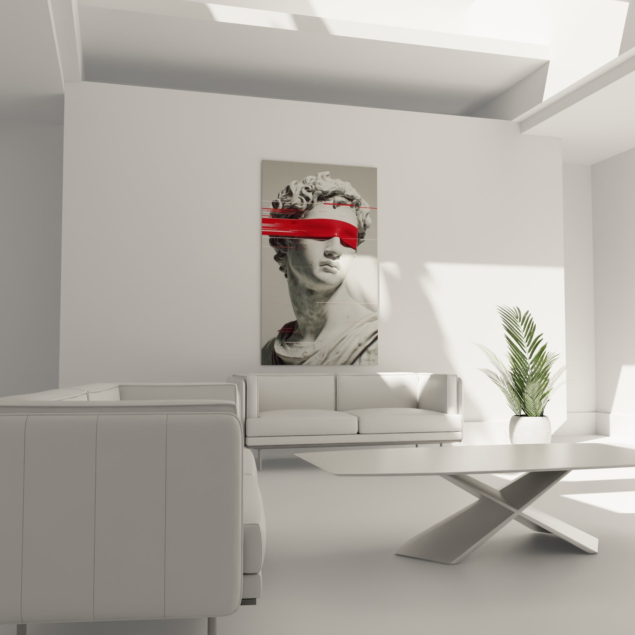 Sculpture classique et lignes rouges fragmentées, tableau Cyberpunk suspendu au-dessus d'un canapé dans un salon lumineux