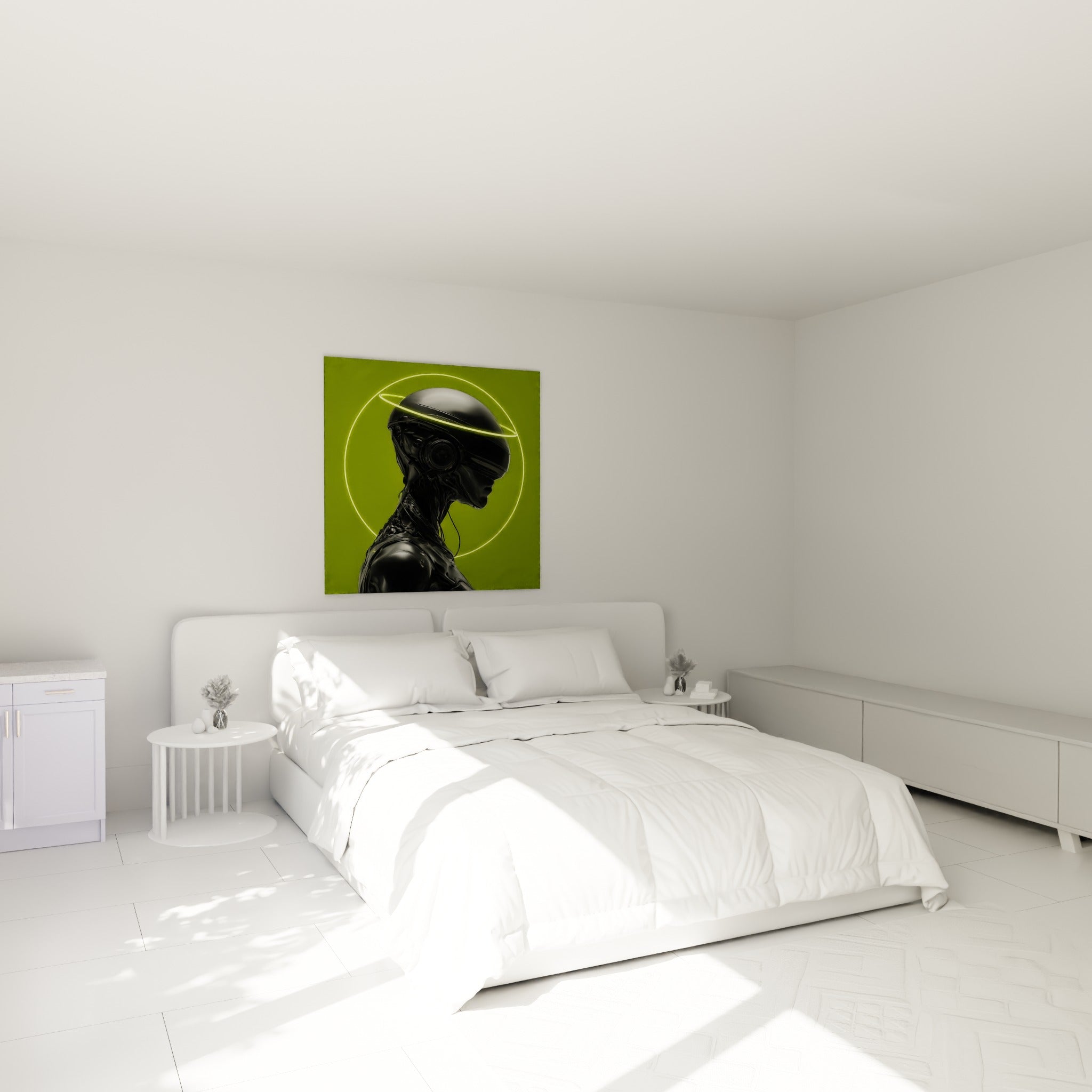 Visage mécanique anthracite auréolé de vert fluo, au-dessus d'un lit dans une chambre claire