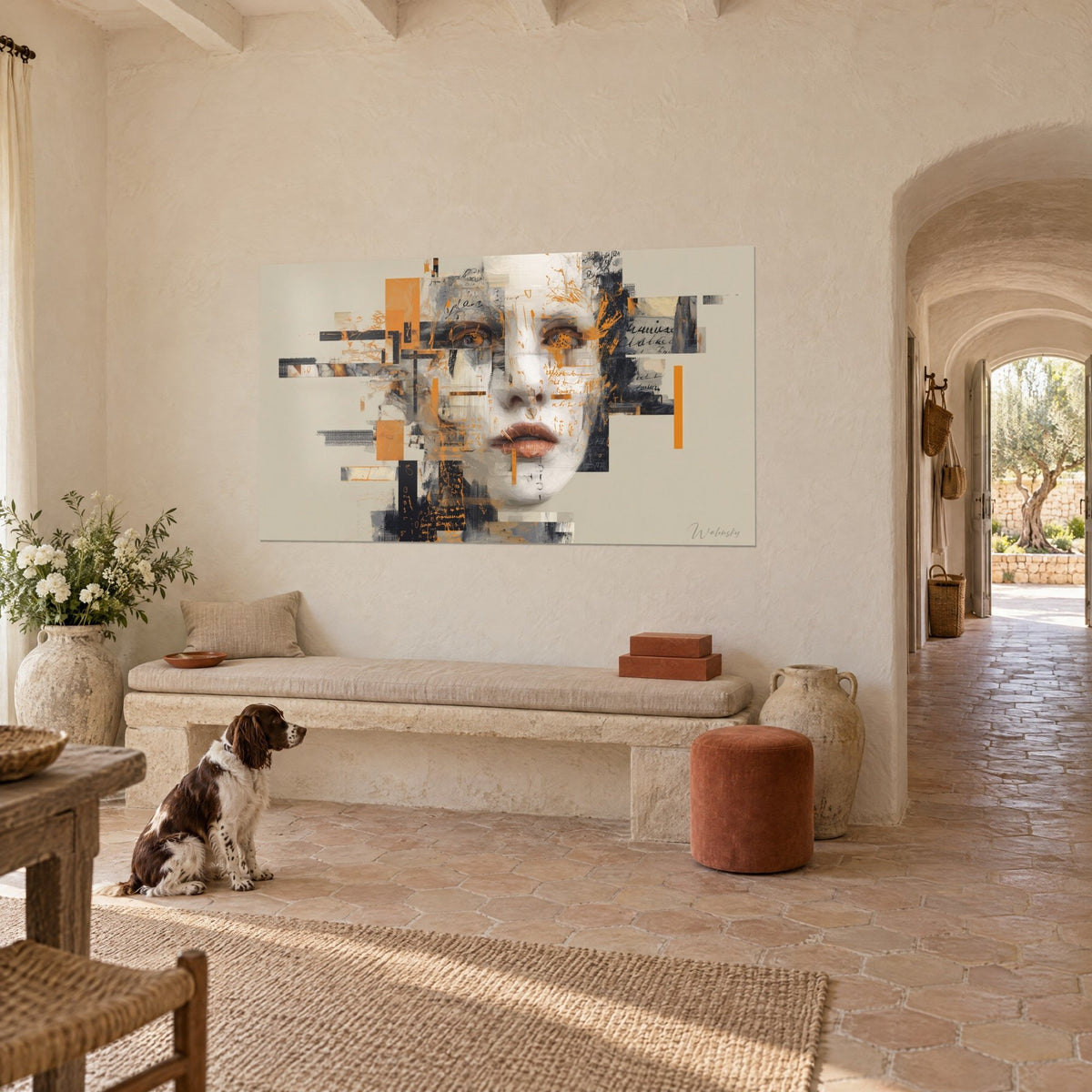 Tableau portrait féminin morcelé en bandes noires et orange vif sur fond sable, spaniel assis devant, mas provençal en vue de trois-quarts