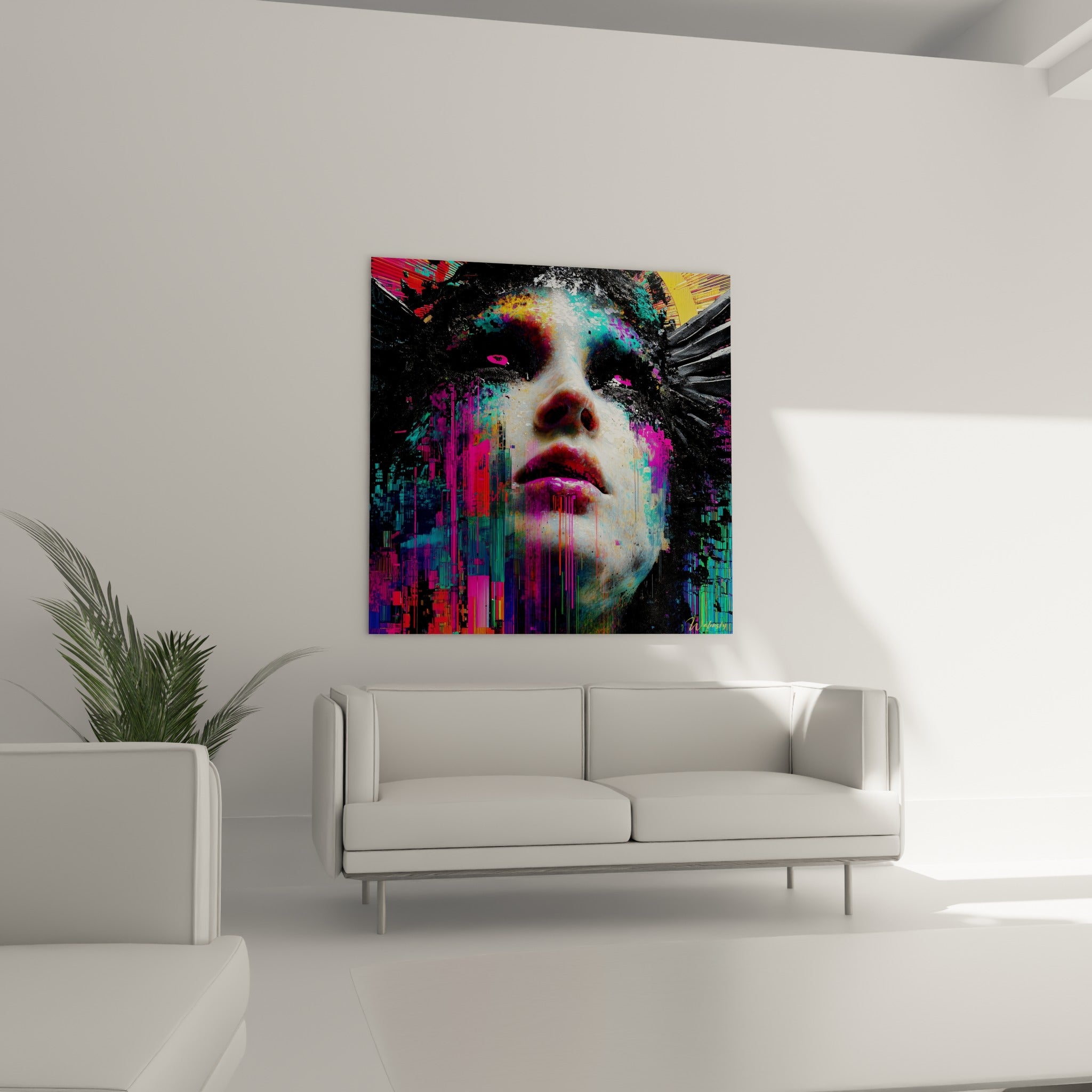 Traits féminins dissous en glitch coloré fuchsia et bleu, disposé au-dessus d'un canapé dans un salon lumineux