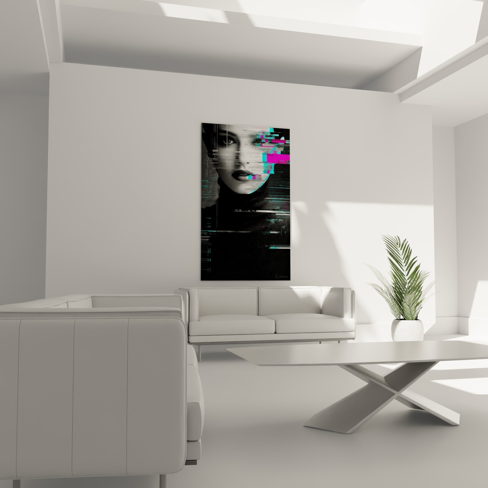 Regard fragmenté aux nuances turquoise et magenta suspendu au-dessus d'un canapé dans un salon lumineux