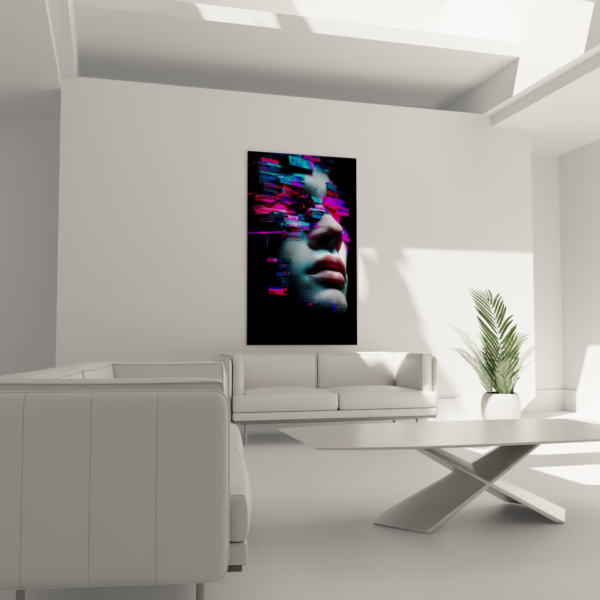 Visage cybernétique aux fragments turquoise et magenta au-dessus d'un canapé dans un salon lumineux