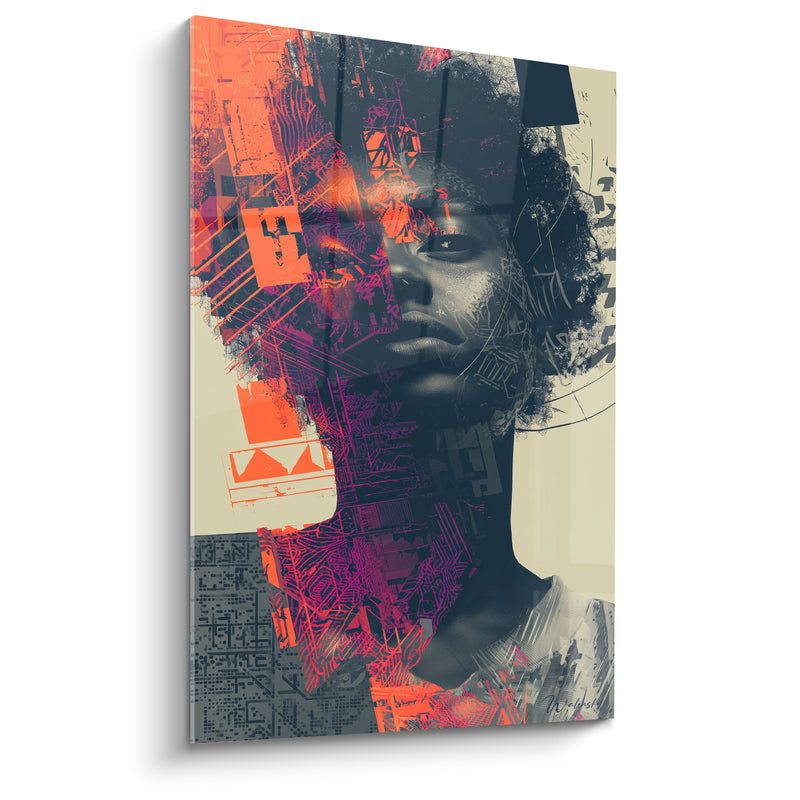 Tableau Visage orange et noir aux circuits imprimés - Cheveux afro texturés - Edition Cyberpunk
