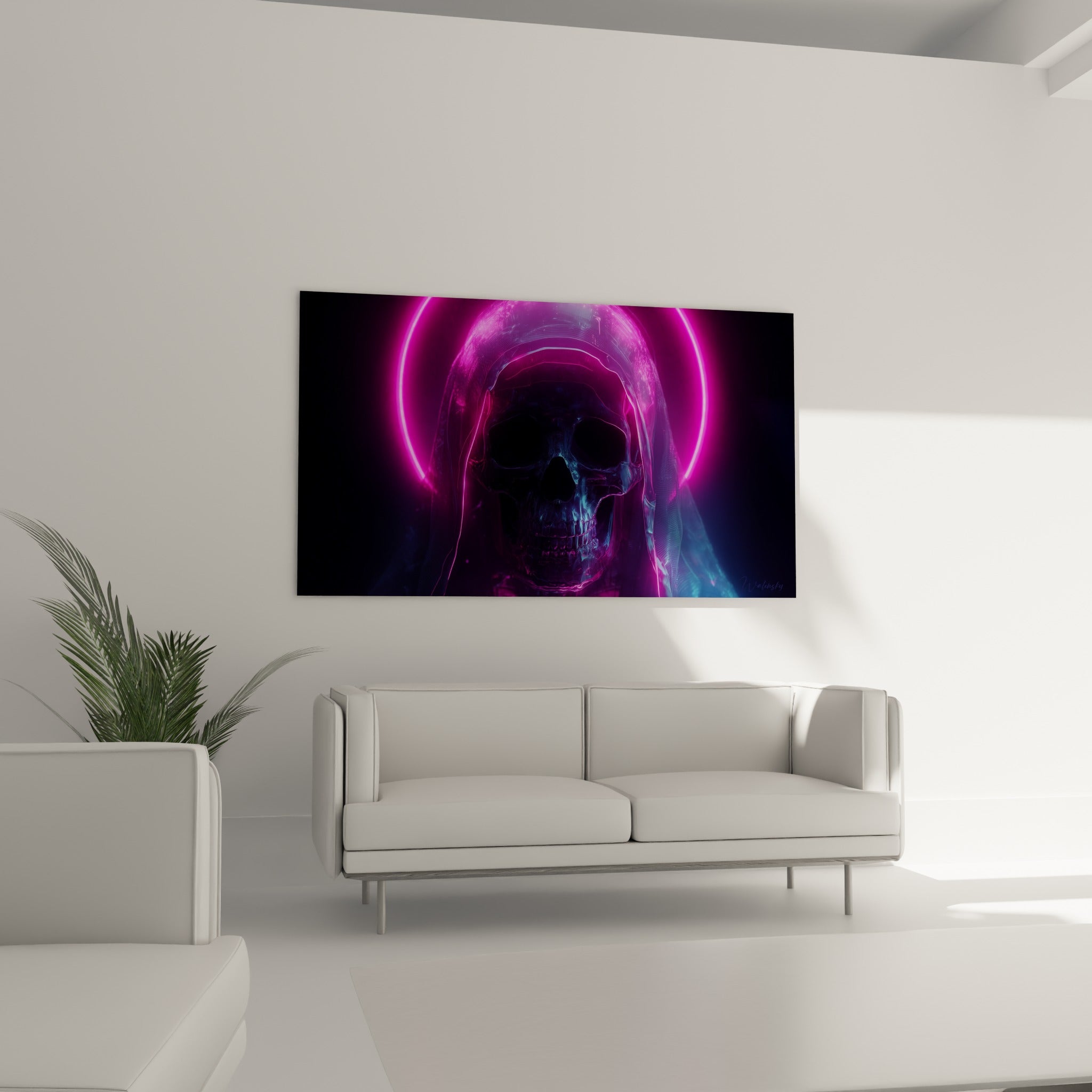 Visage osseux Cyberpunk cerné d'un anneau magenta au-dessus d'un canapé dans un salon lumineux