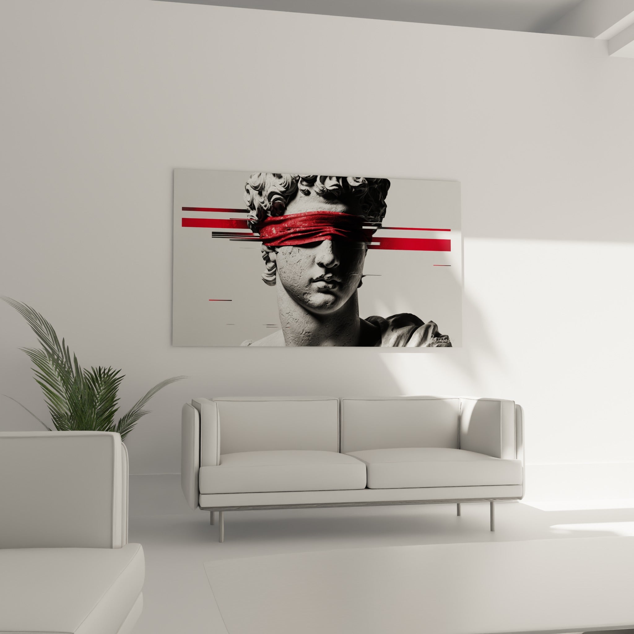 Visage sculpté anthracite voilé de rouge du tableau Cyberpunk au-dessus d'un canapé dans un salon lumineux