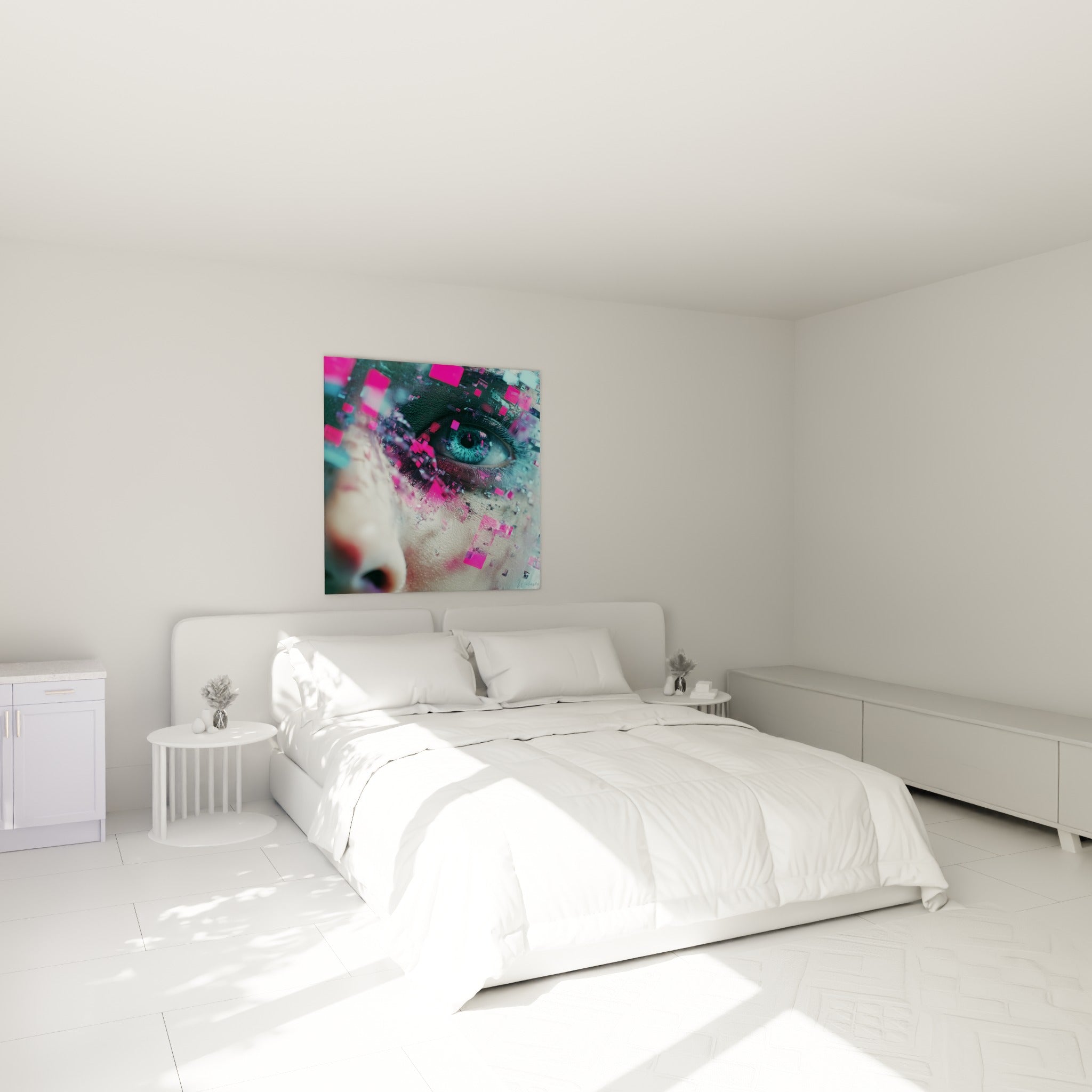 Regard bleu glacial et fragments roses numériques accrochés au-dessus d'un lit dans une chambre claire