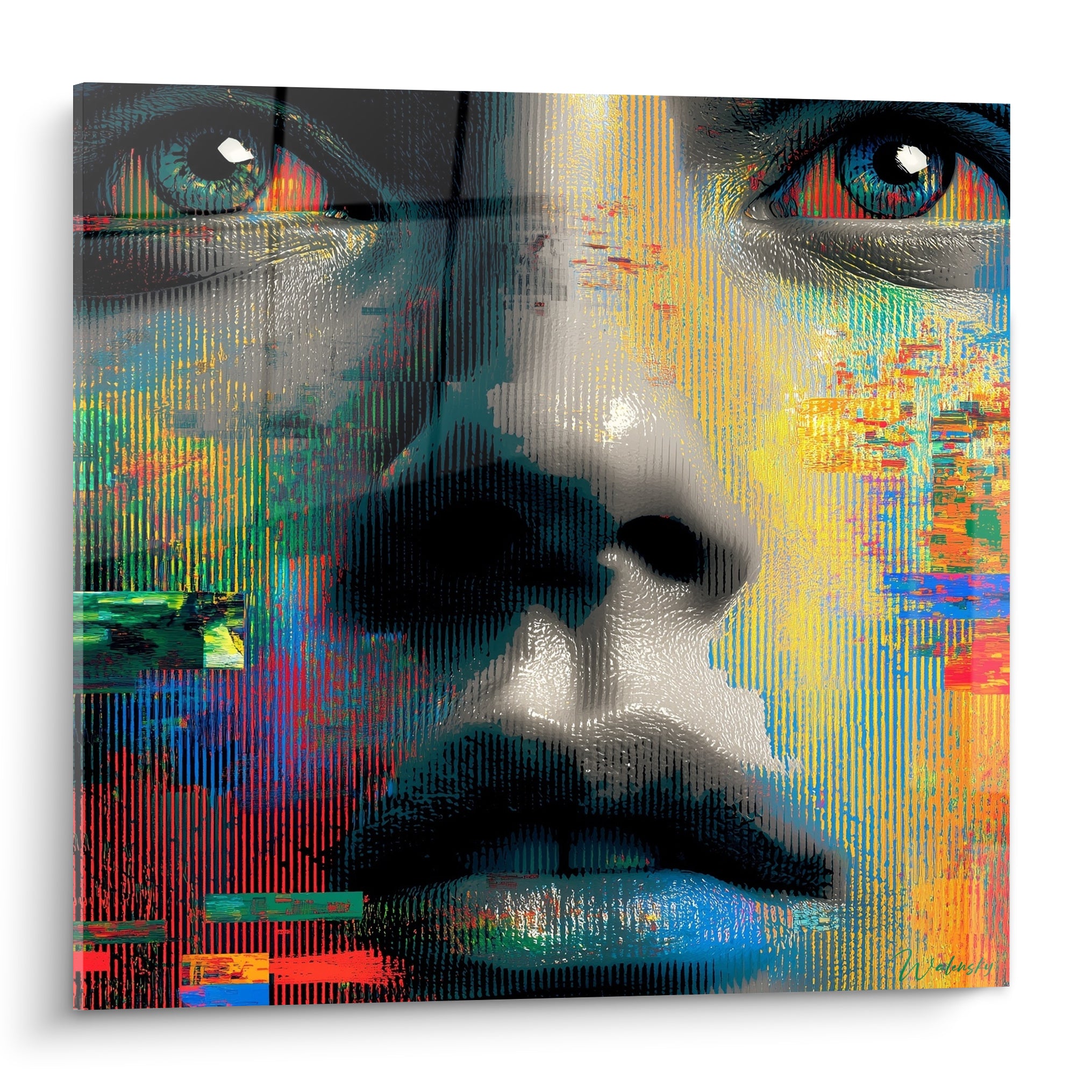 Visage Cyberpunk fragmenté aux teintes anthracite, jaune doré et bleu turquoise éclatant