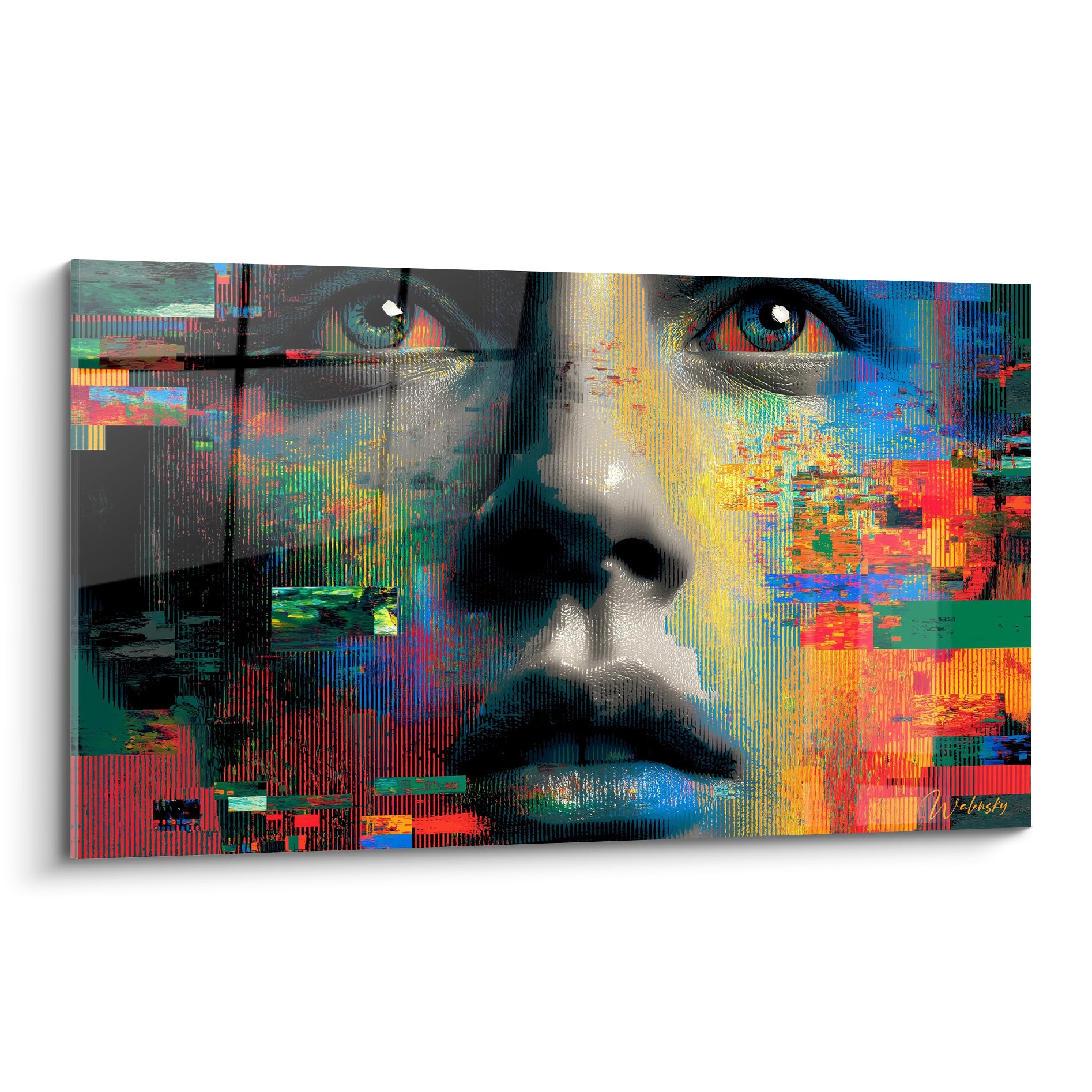 Visage fragmenté en pixels rouge, bleu et jaune, style Cyberpunk numérique intense