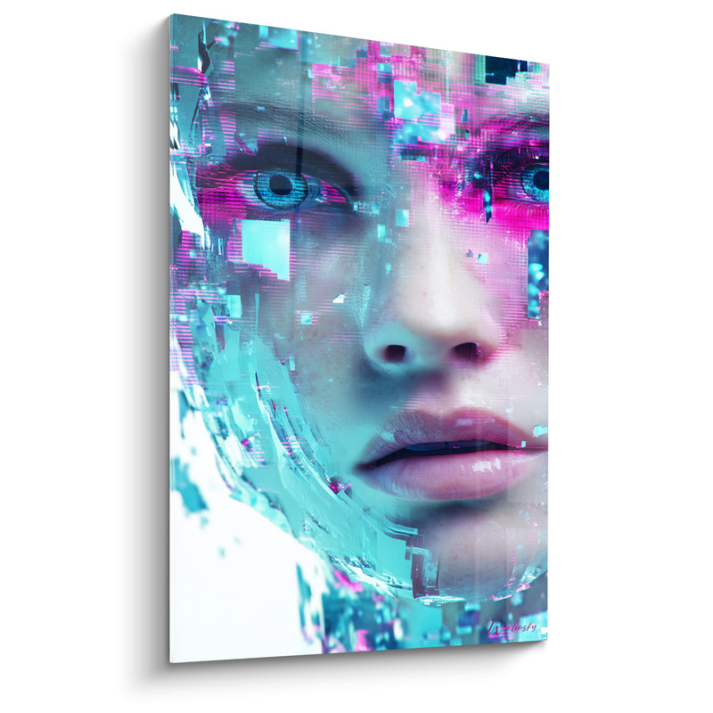 Tableau Visage turquoise et rose aux pixels dissous - Yeux bleus perçants - Edition Cyberpunk